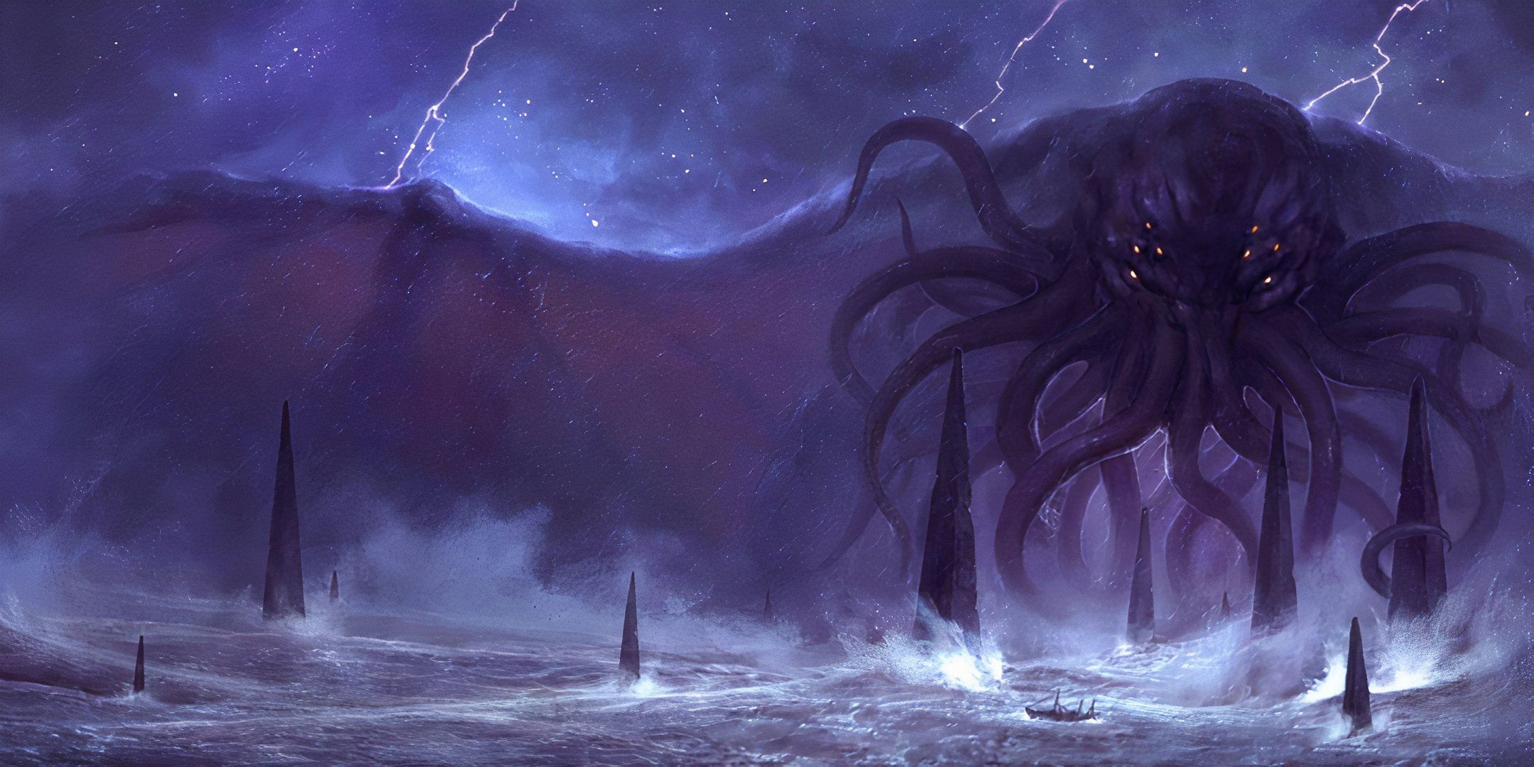 Image of Cthulu standing in a sea covered in spikes. 