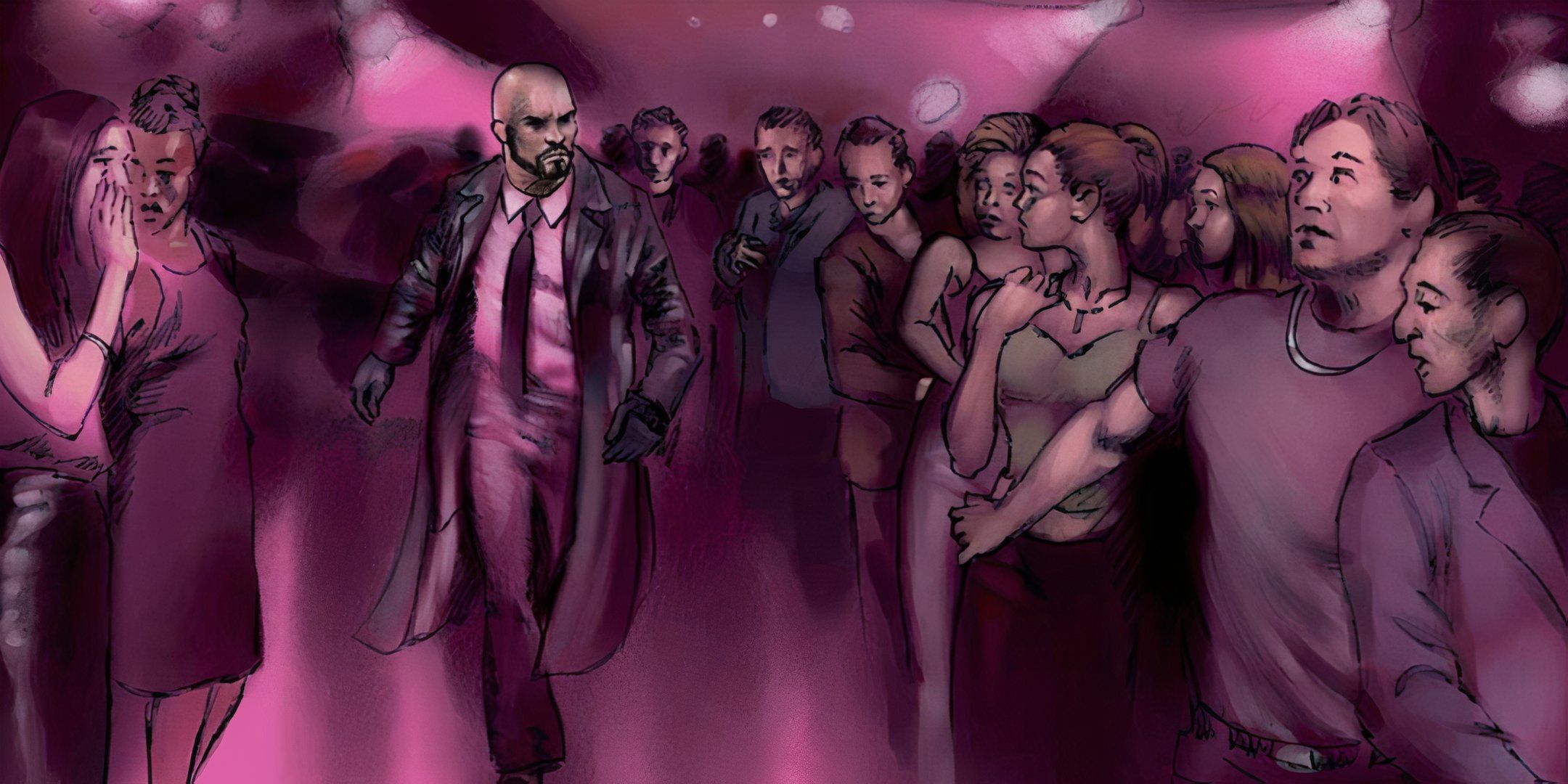 Man in a suit moving through a crowd in a nightclub. 