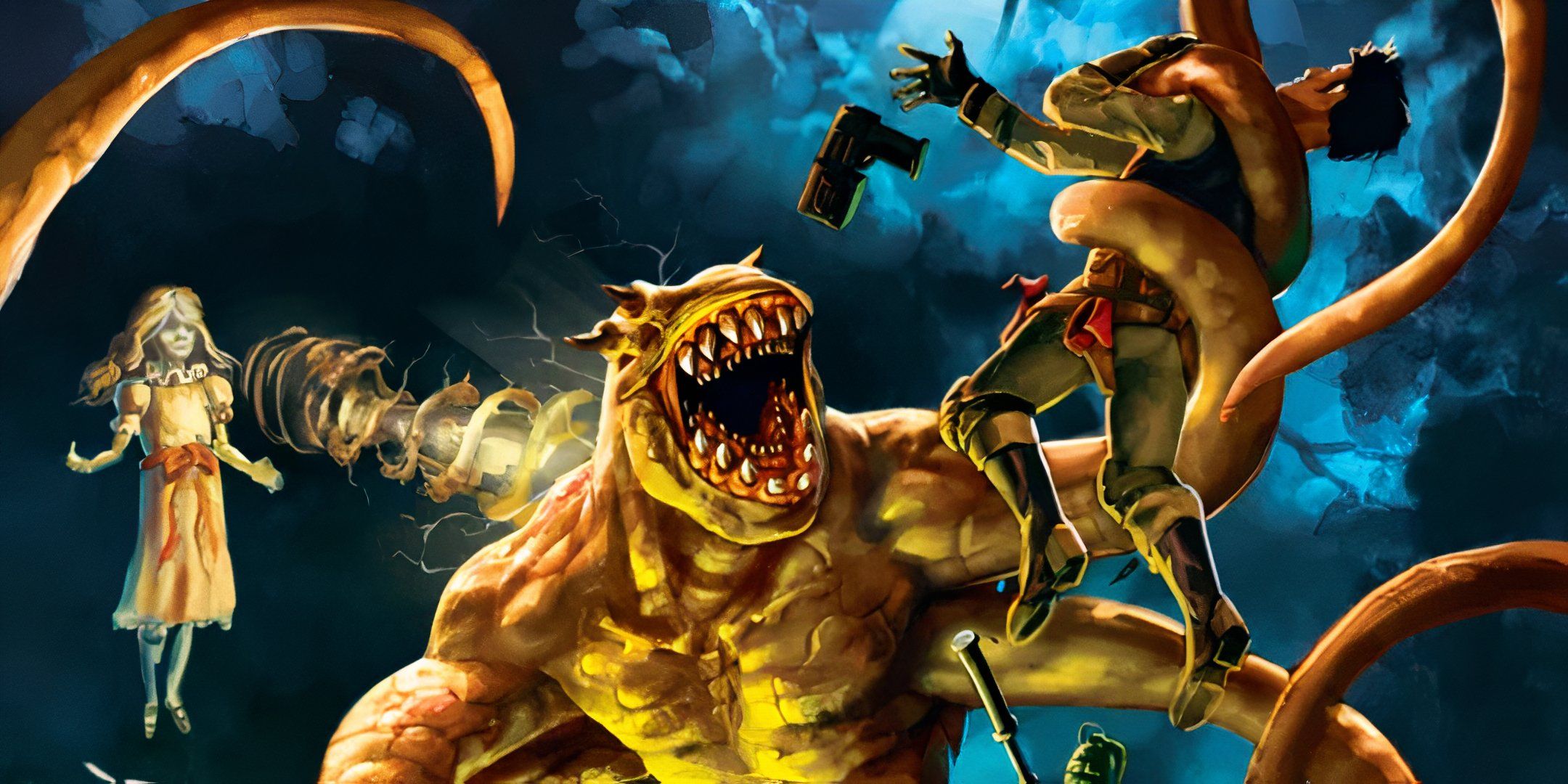 tentacle armed monster grabbing a boy while a floating girl hits it with a psionic blast.