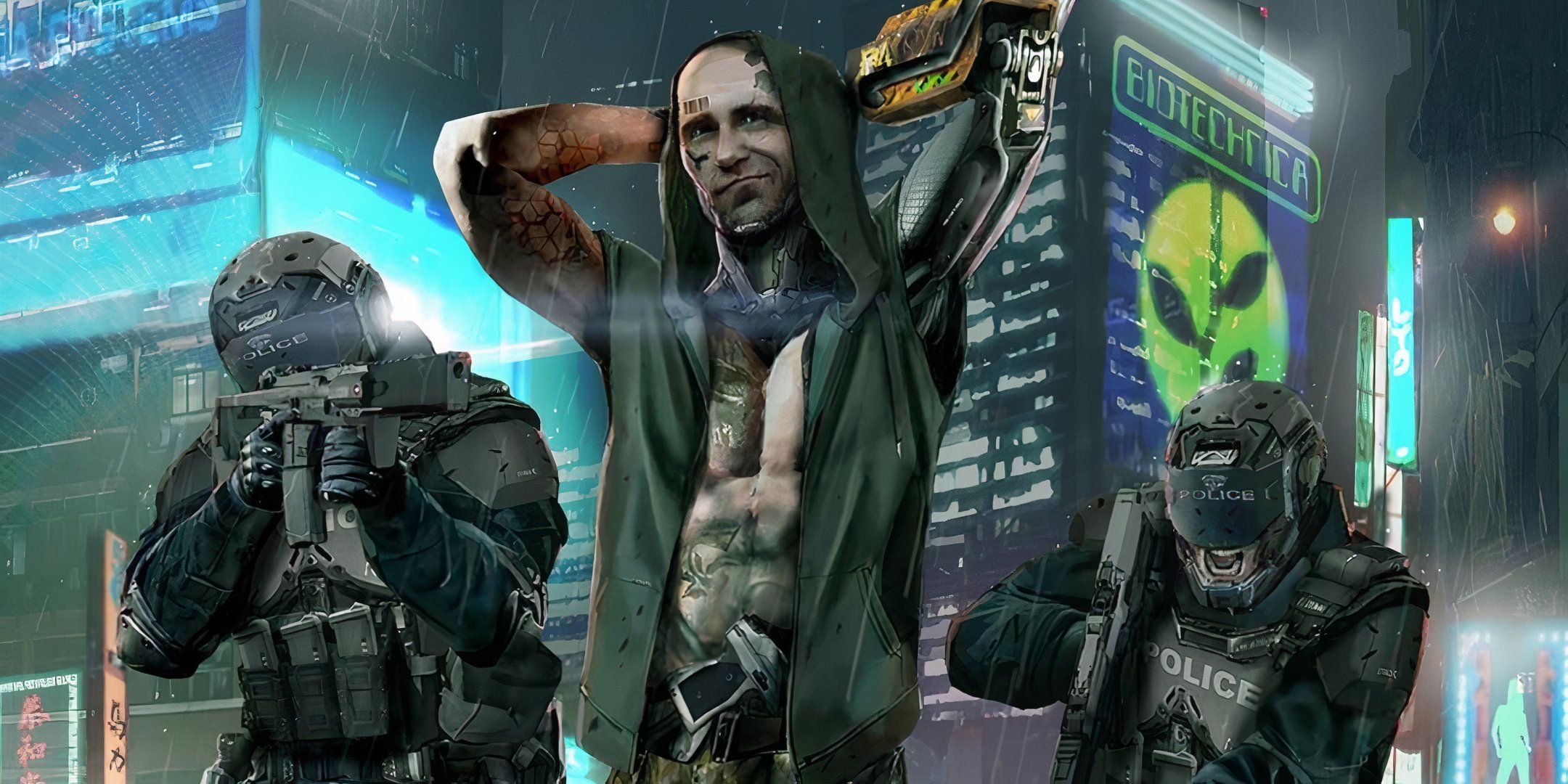 Cyber thug getting arrested by futuristic police. 