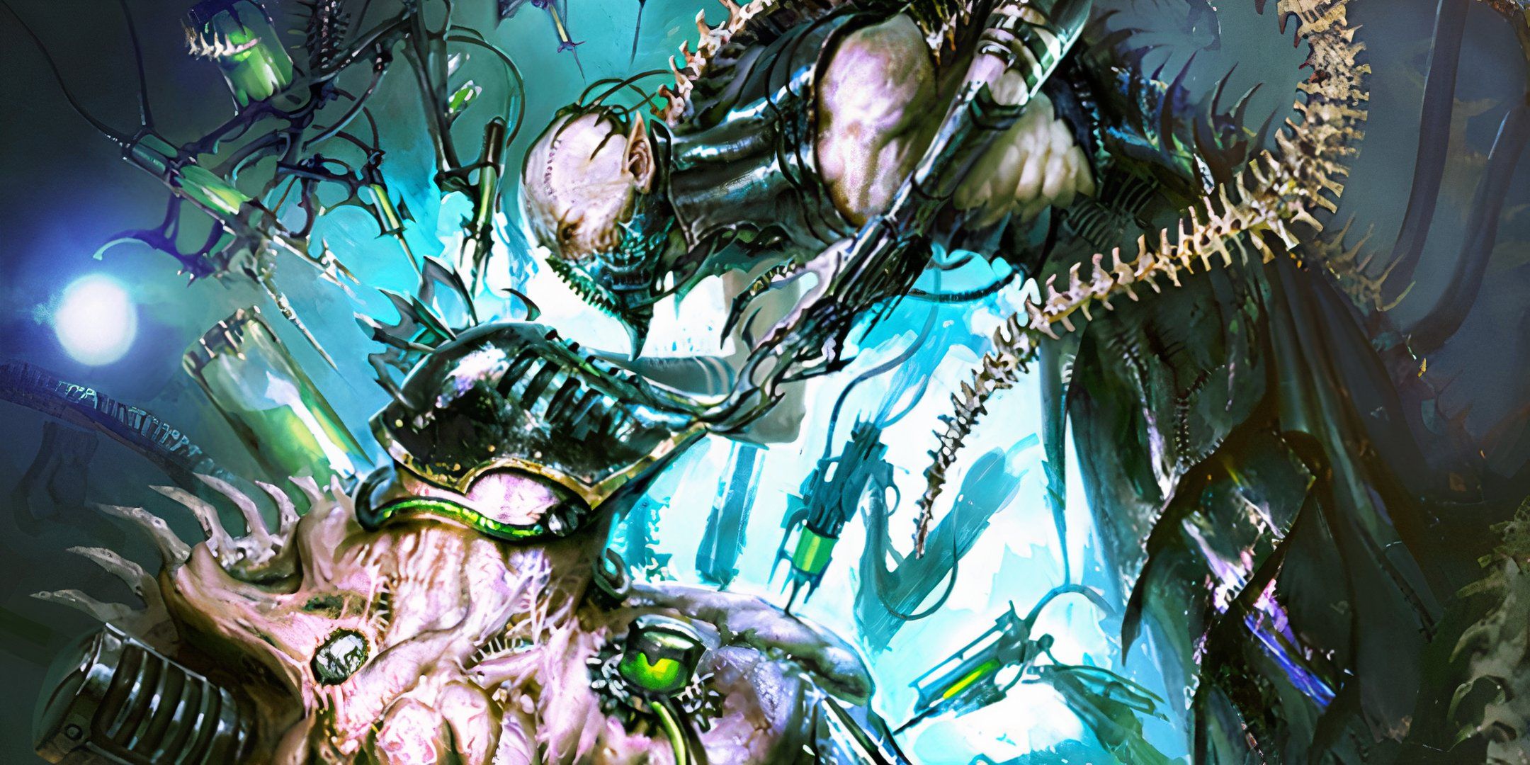 elf-like scientists injecting monster with green serum. 