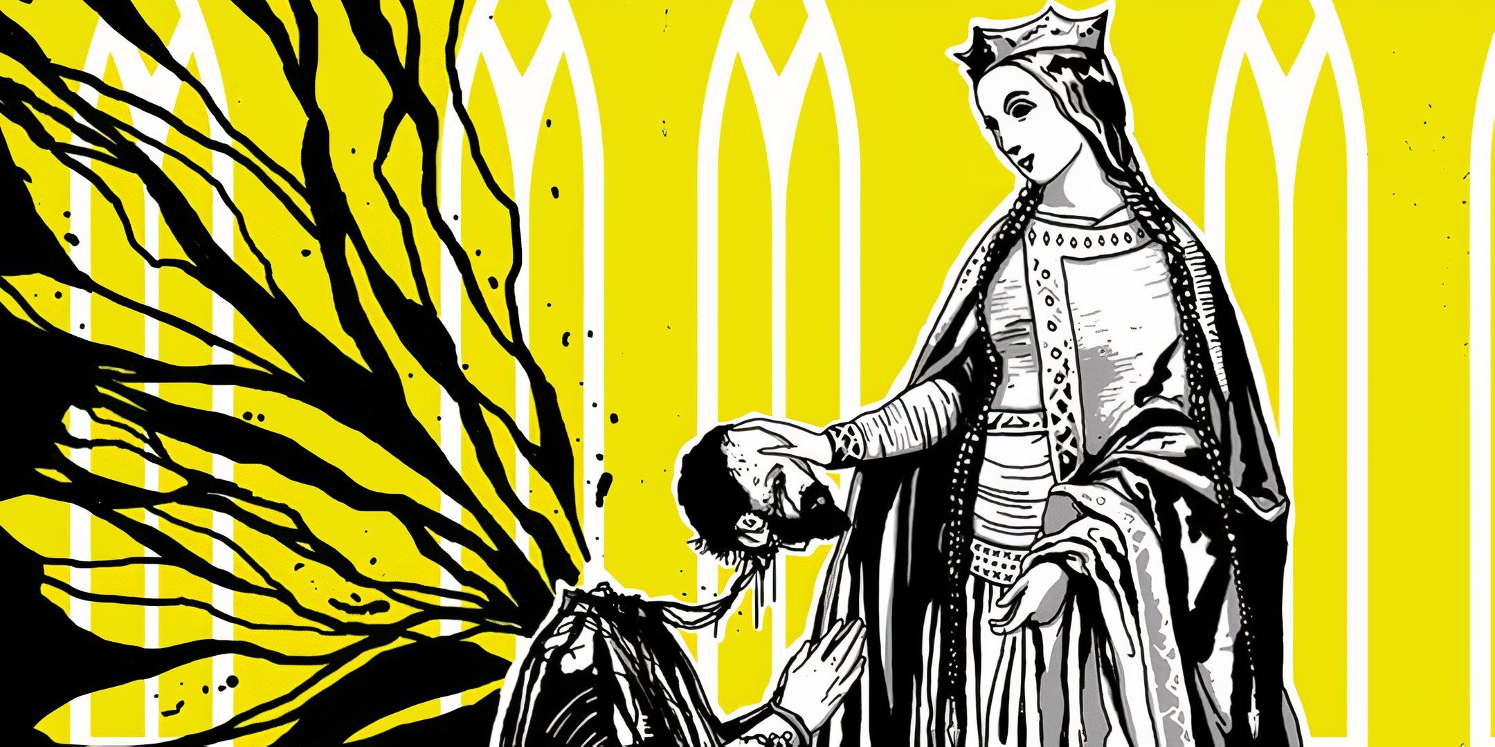 Queen lifting head off from kneeling male character, heavily stylized with yellow and black acents. 