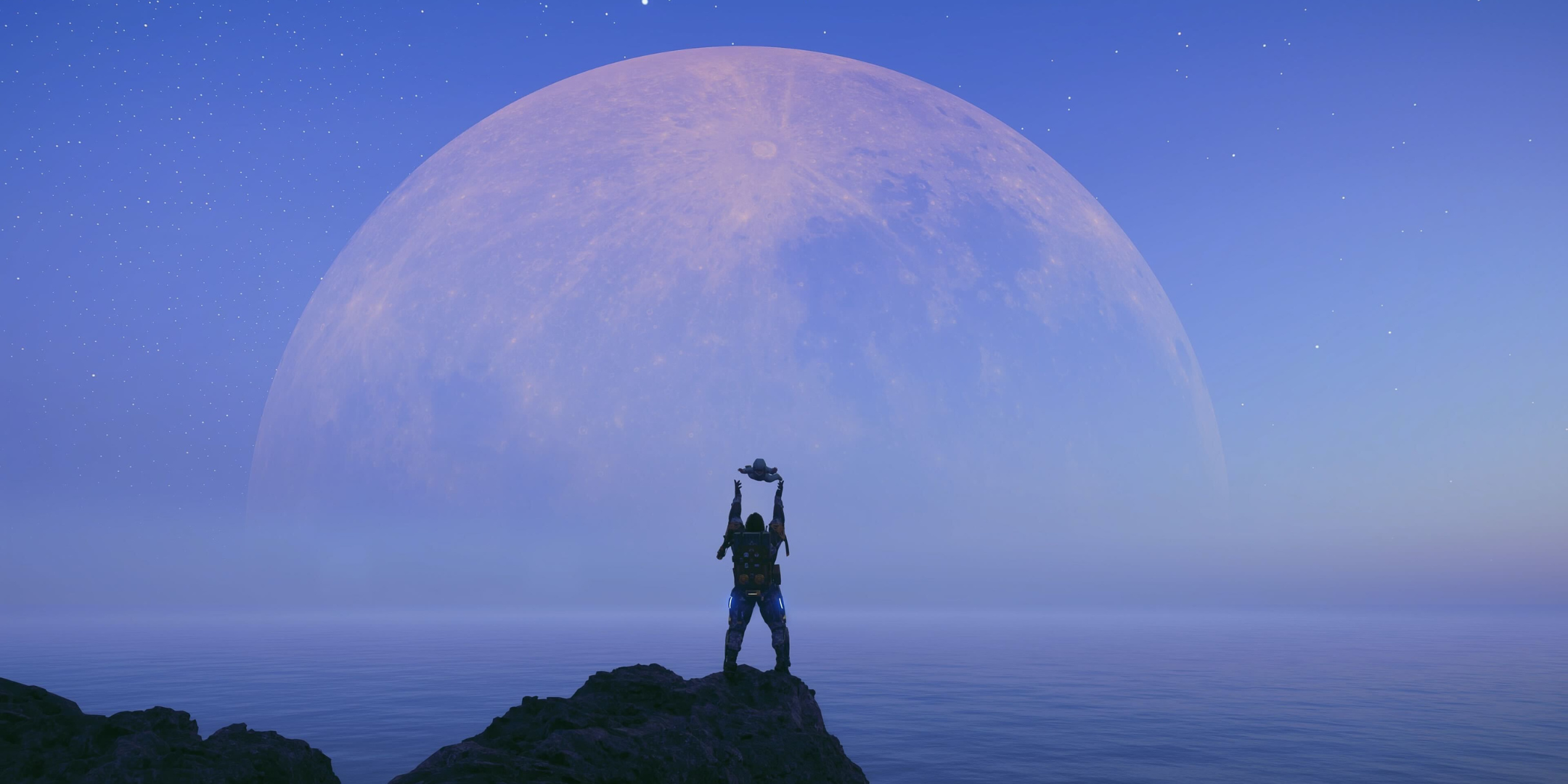 Sam throws a baby Lou in front of a giant moon in Death Stranding 2.