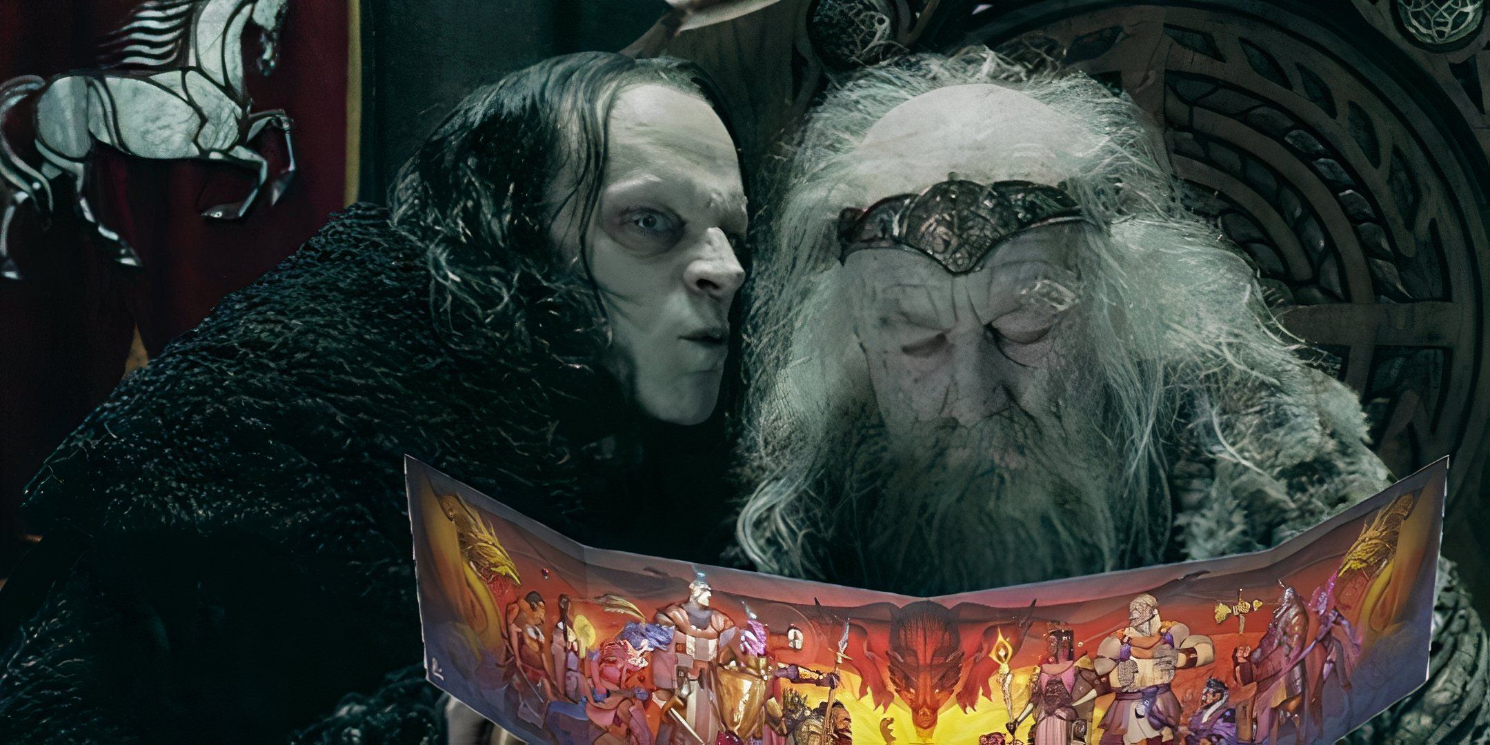 wormtongue whispering into the ear of a cursed king theoden from Lord of the rings with an official DND dungeon master's screen in front of him.