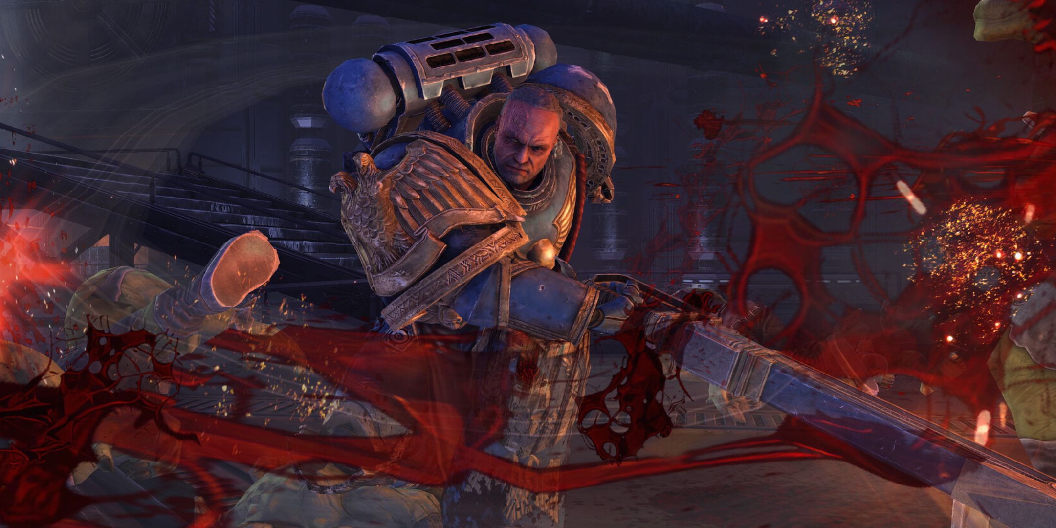 A space marine from Warhammer 40000 Space Marine Master Crafted Edition swining a sword, causing a blood spatter.