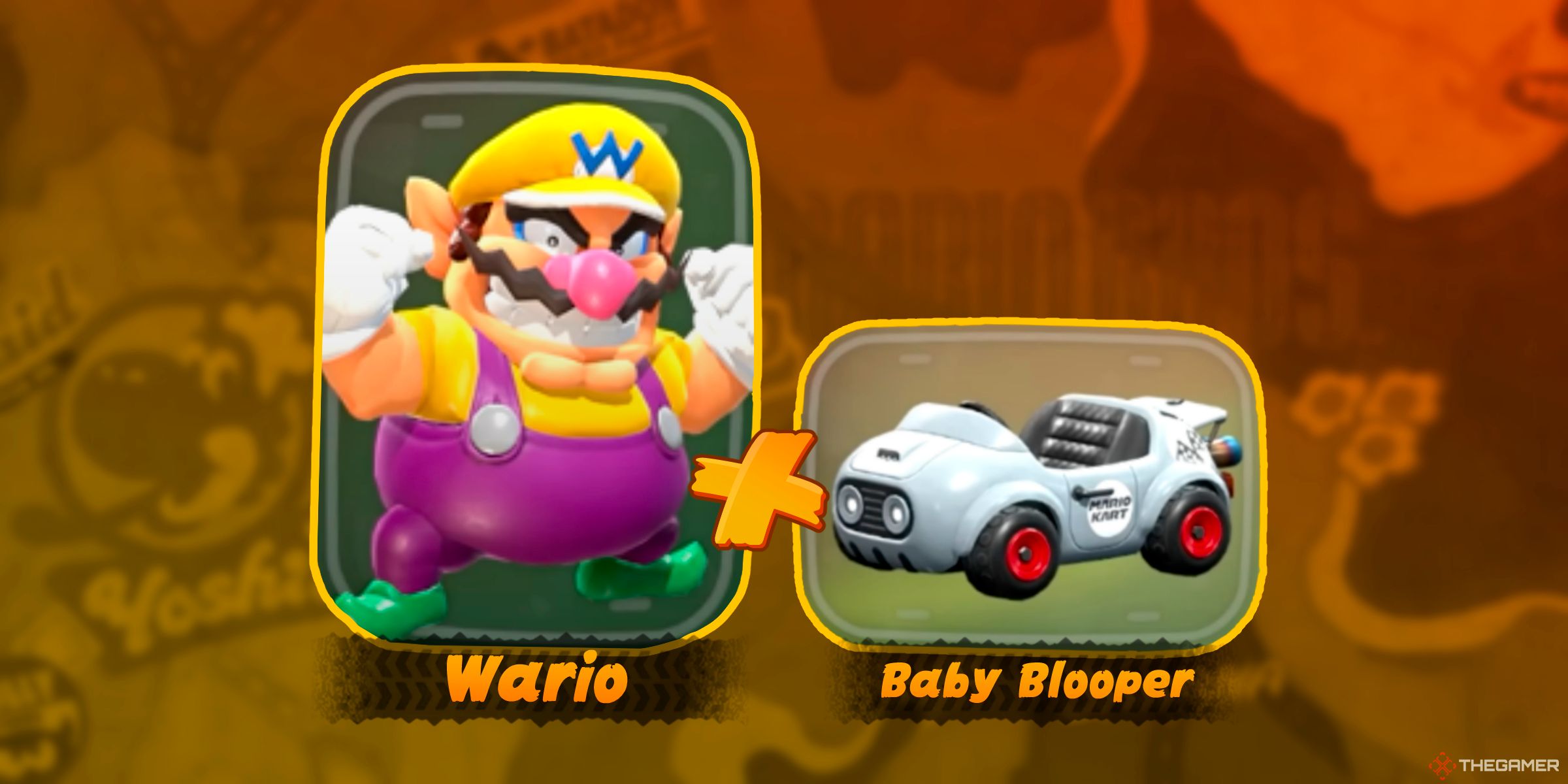 Wario next to the Baby Blooper Kart in Mario Kart World's character selection.