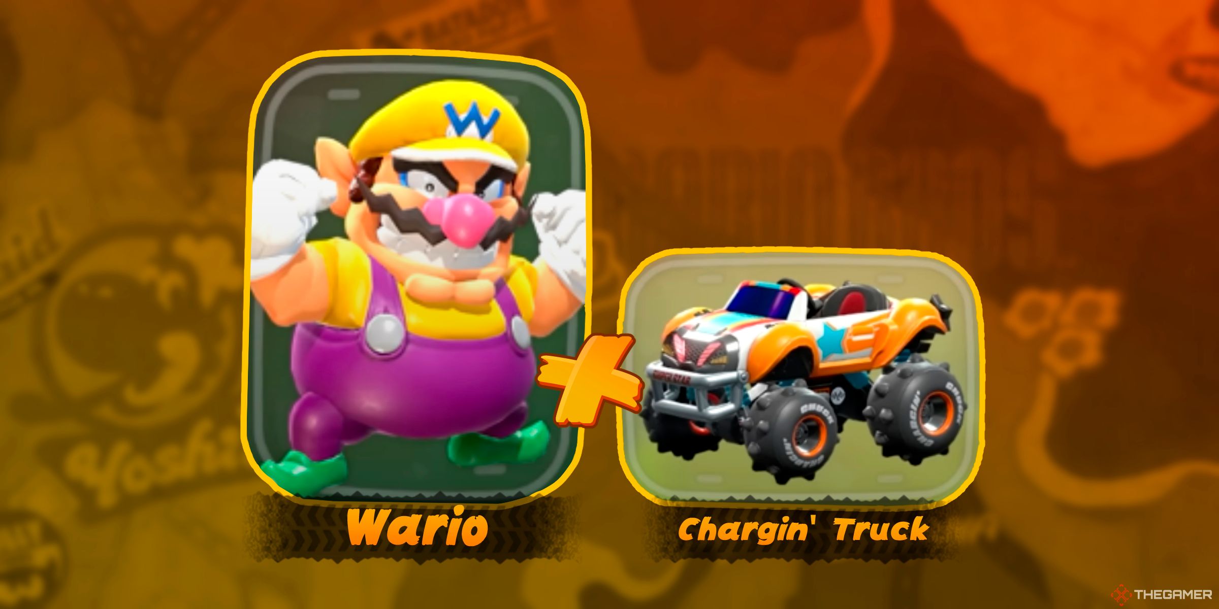 Wario next to the Chargin' Truck Kart in Mario Kart World's character selection.