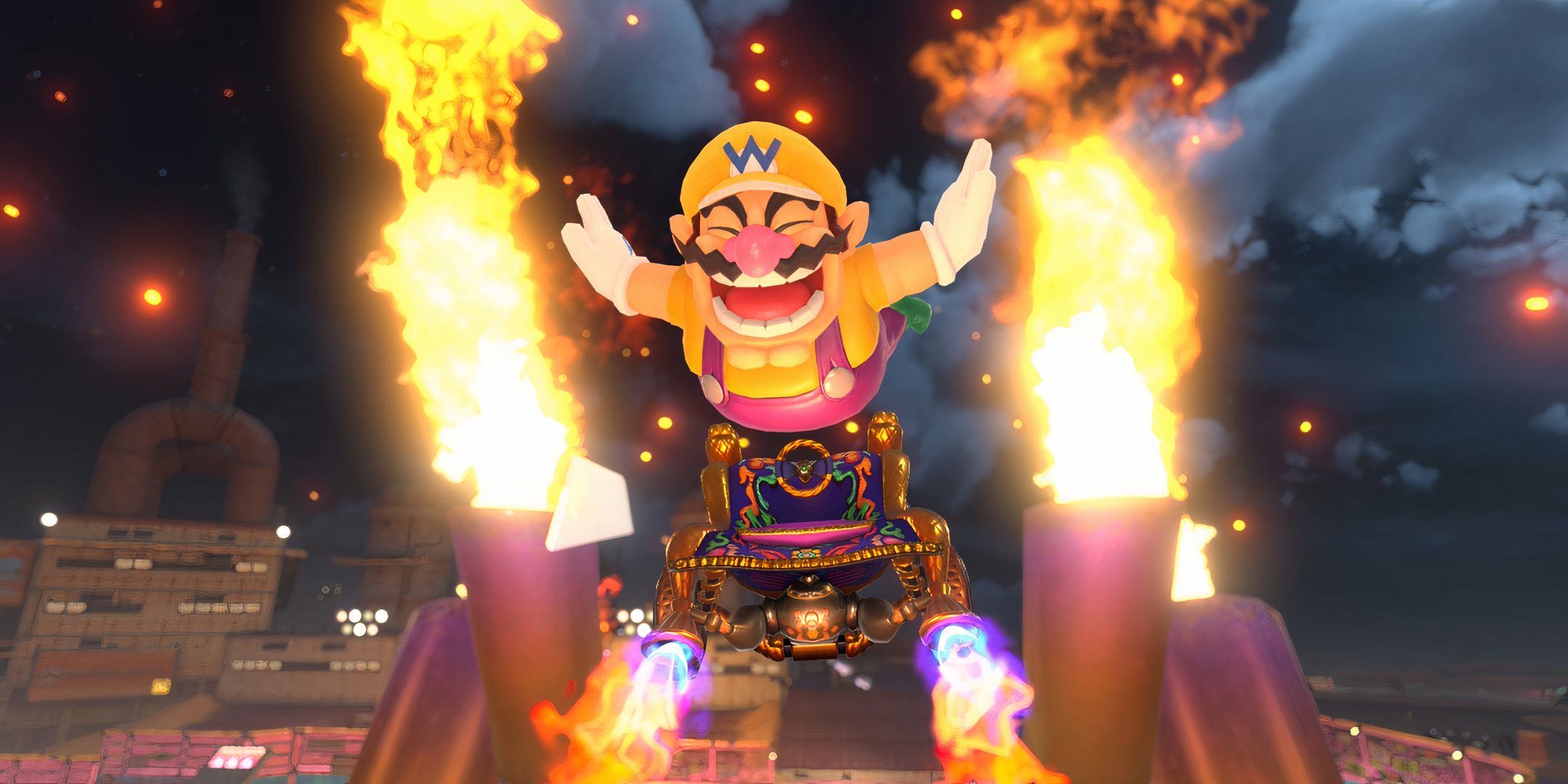 Wario raises both hands in the air at night in Mario Kart World.