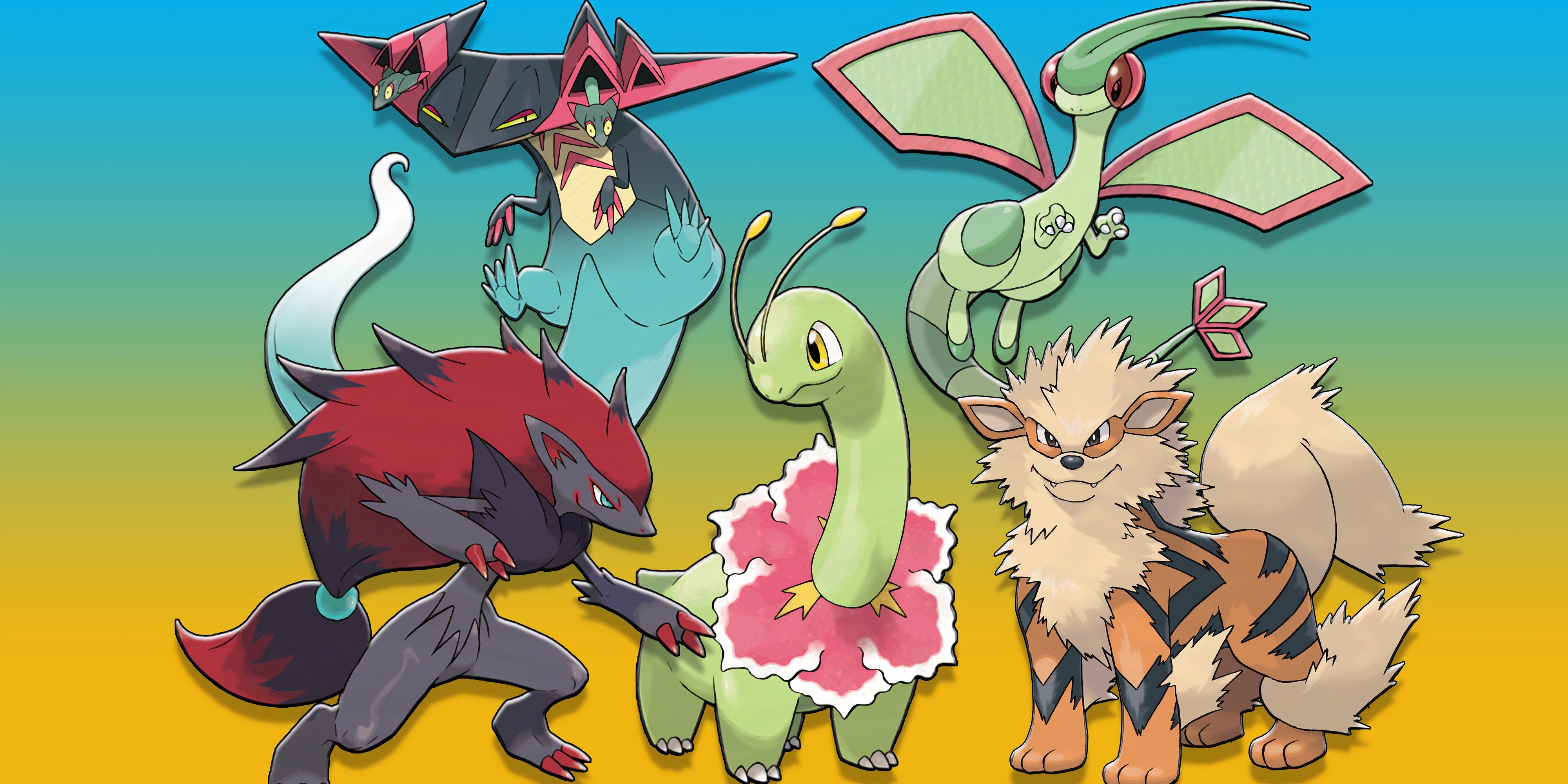 A selection of Pokemon Who Should Get Mega Evolutions: Zoroark, Meganium, Arcanine, Flygon, and Dragapult from Pokemon.