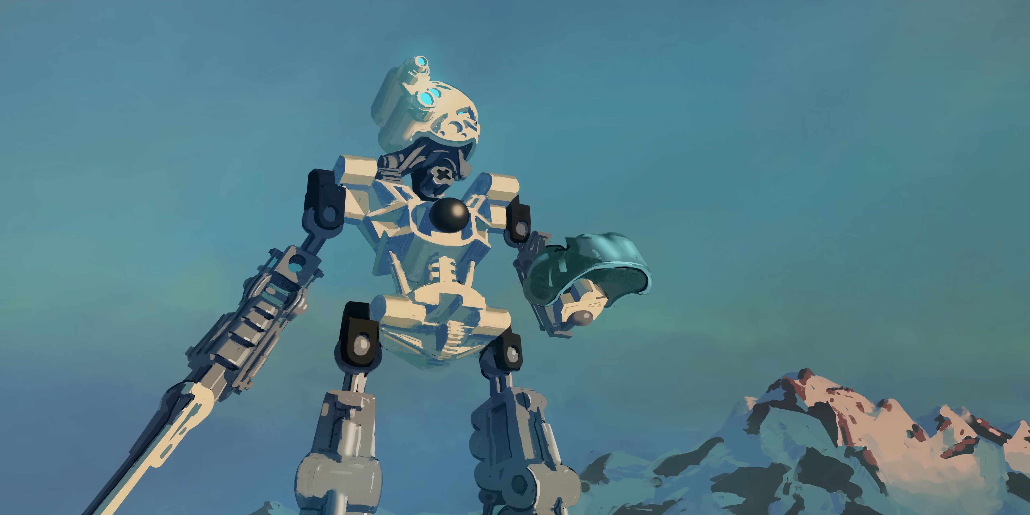 white bionicle standing against a snowy backdrop.
