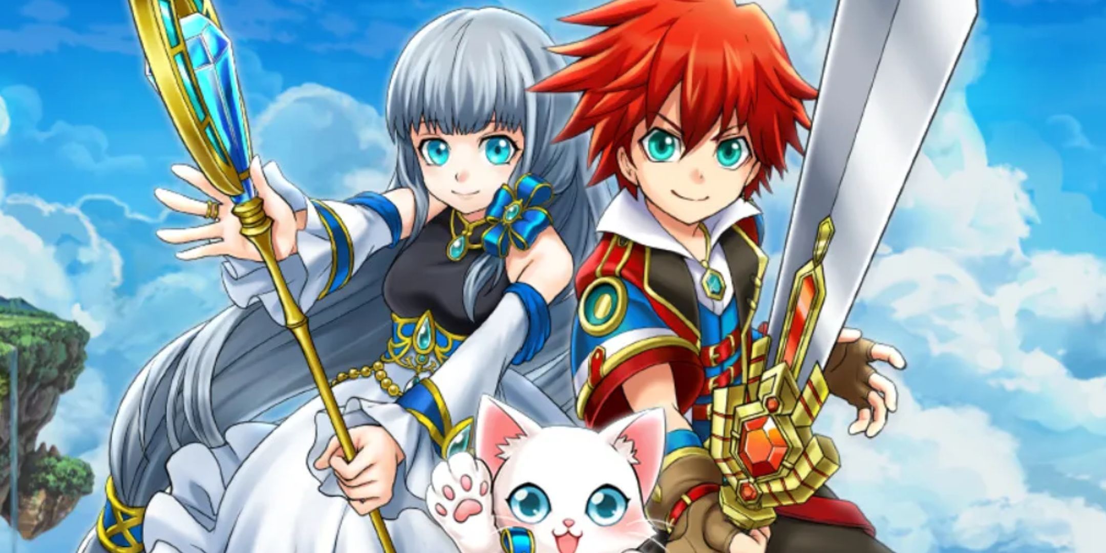 A boy holding a sword and a girl holding a staff, with a cat waving, from the game White Cat Project.