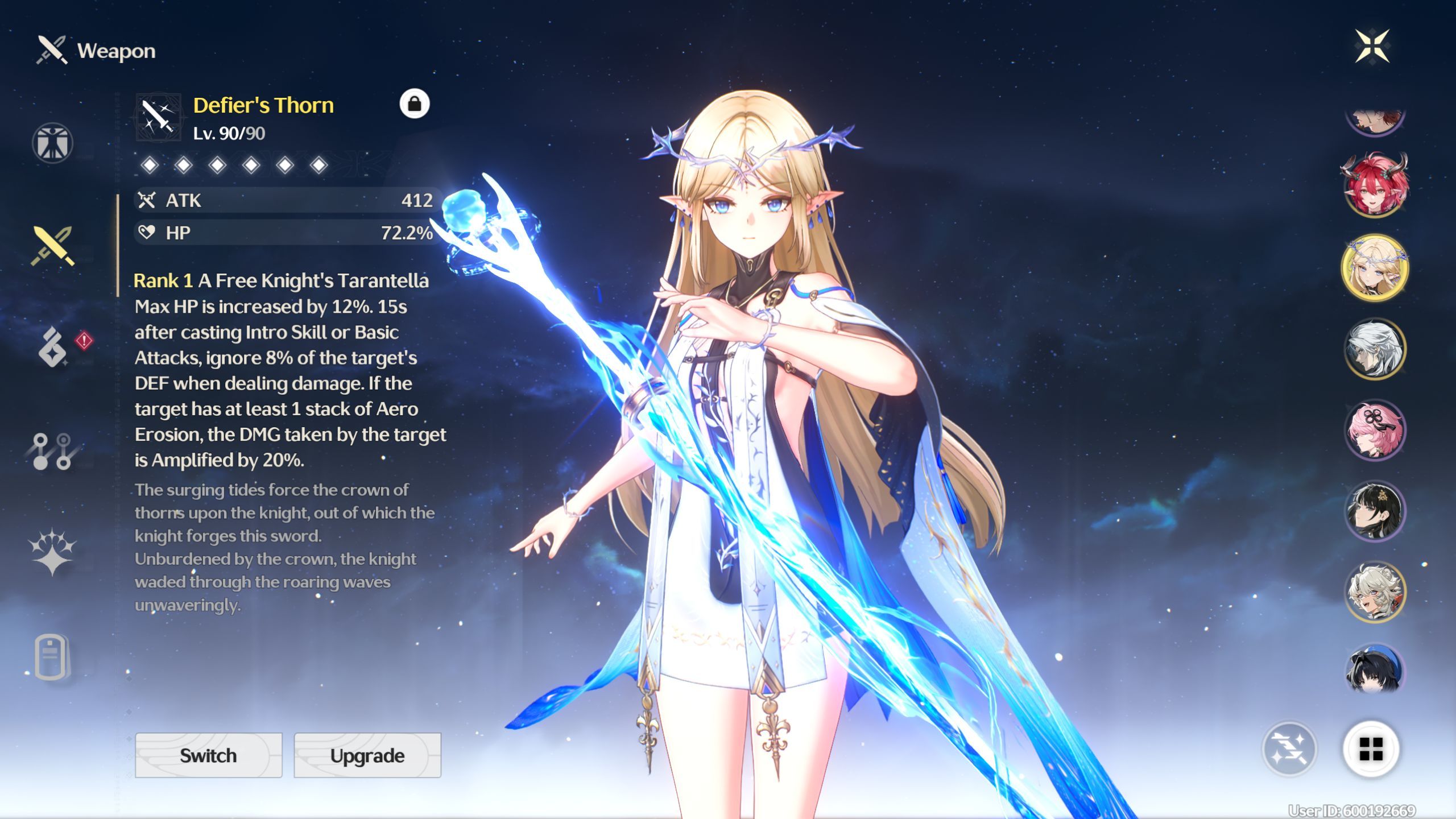 Wuthering Waves Cartethyia holding the Defier's Thorn weapon for her best build.