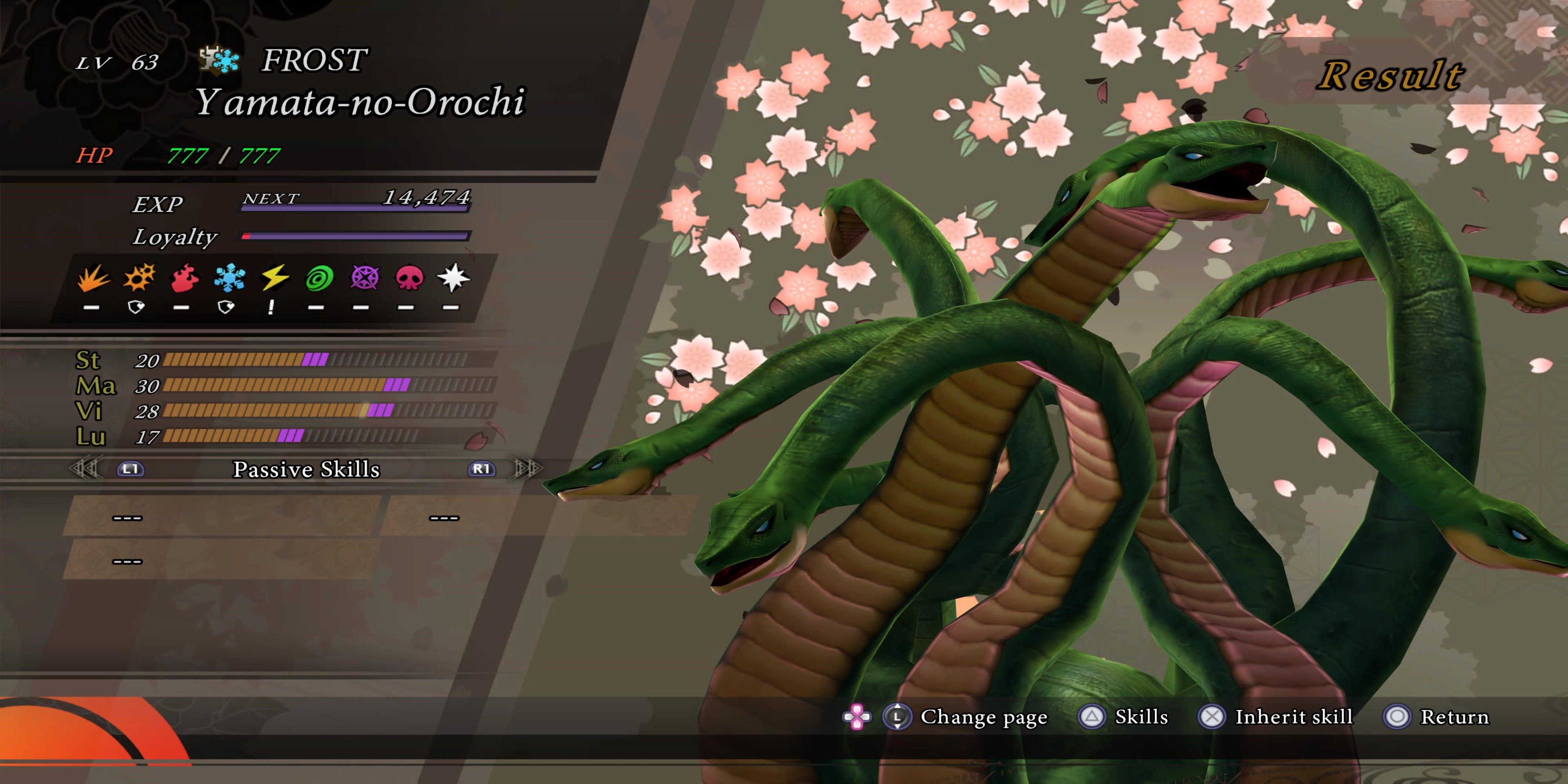 Yamata-no-Orochi demon screen and stats from raidou remastered.
