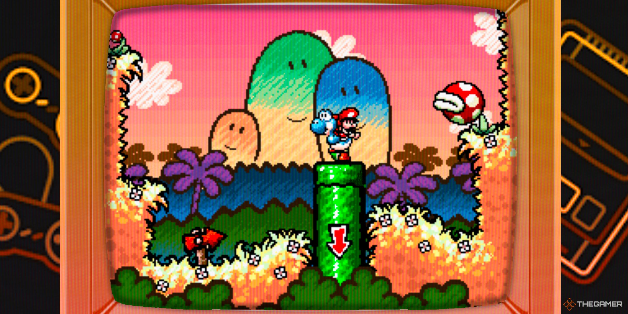 Yoshi carrying Baby Mario on his back and about to enter a Pipe in Super Mario World 2: Yoshi's Island inside of a CRT TV.