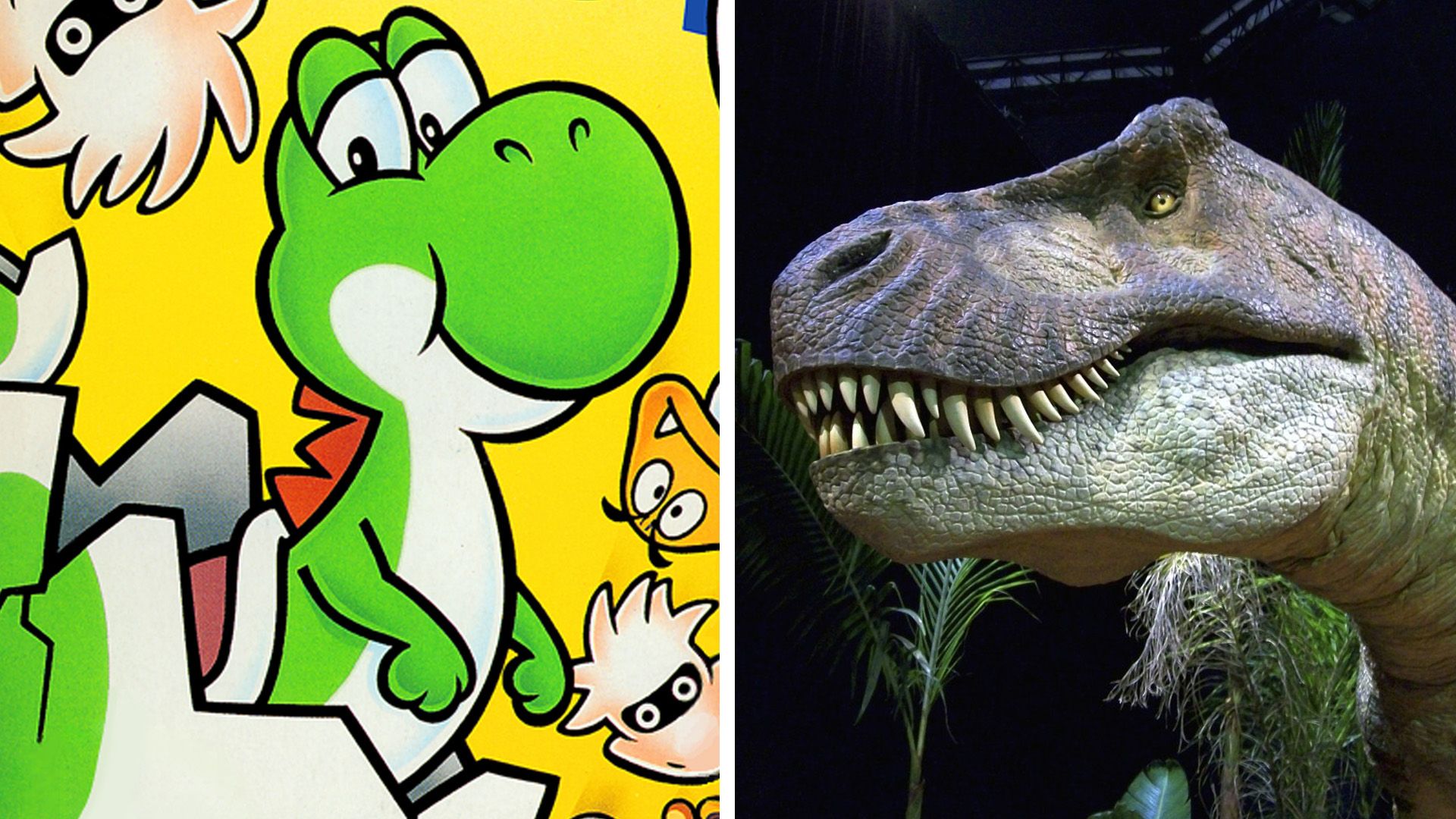 Yoshi on the left side and a dinosaur model on the right side.