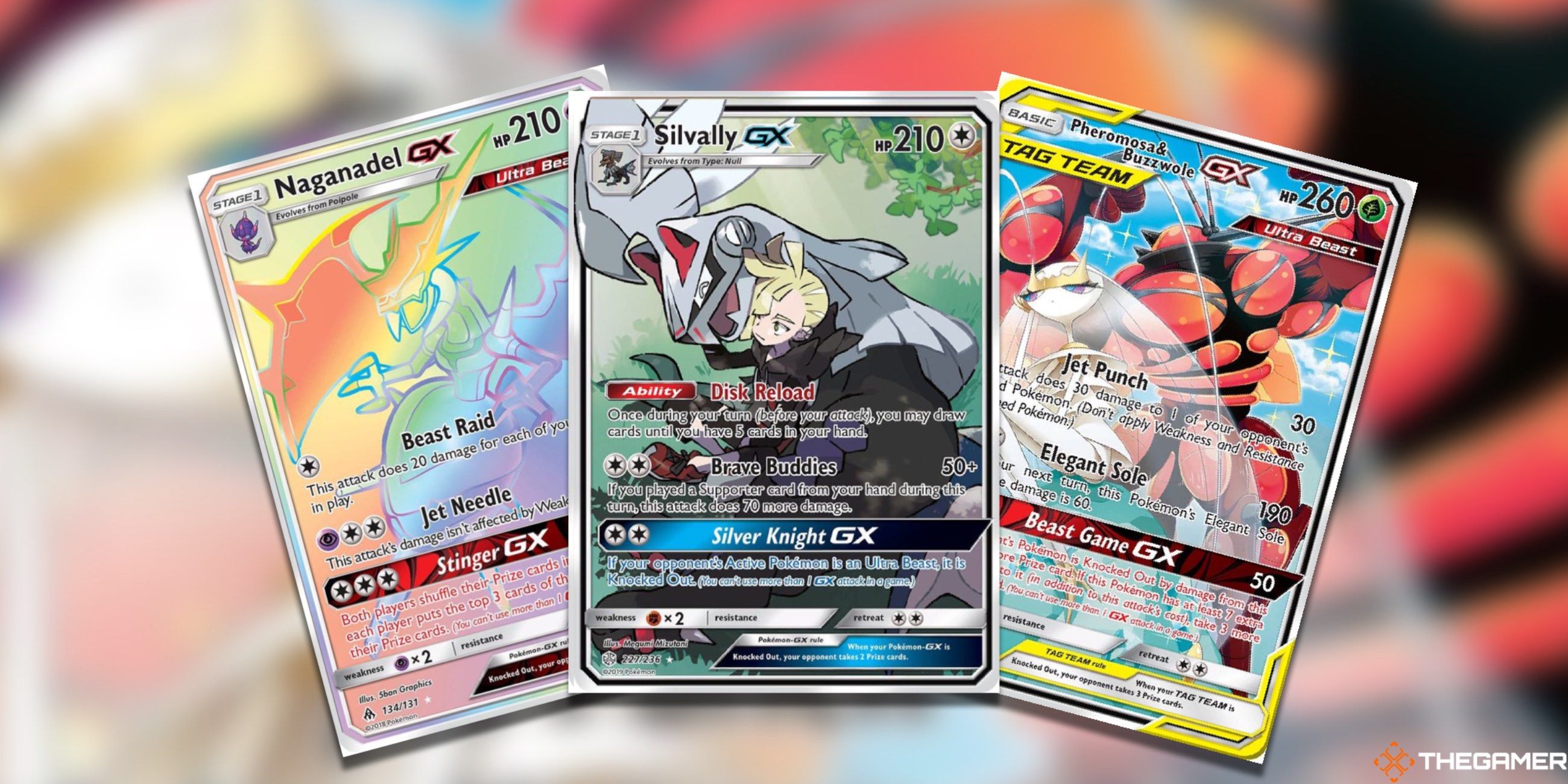 The Naganadel GX Secret Rare, Silvally GX Full Art, and Pheromosa & Buzzwole GX Alt Art in The Pokemon TCG.