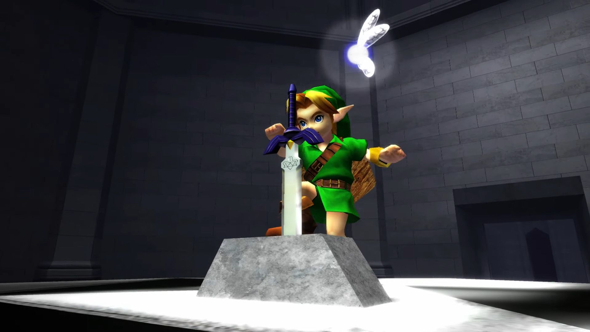 Young Link is preparing to pull the Master Sword in Ocarina of Time.