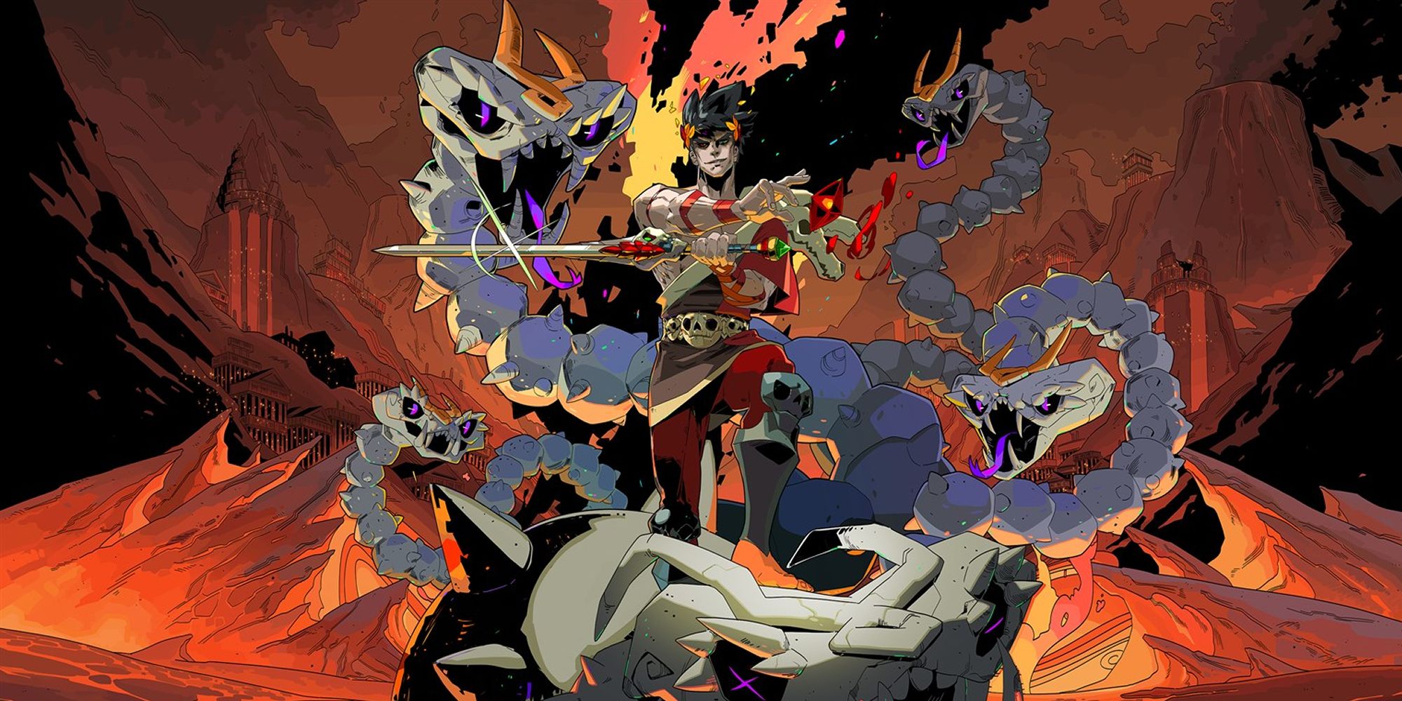 Zagreus stands atop a slain hydra head in Hades.