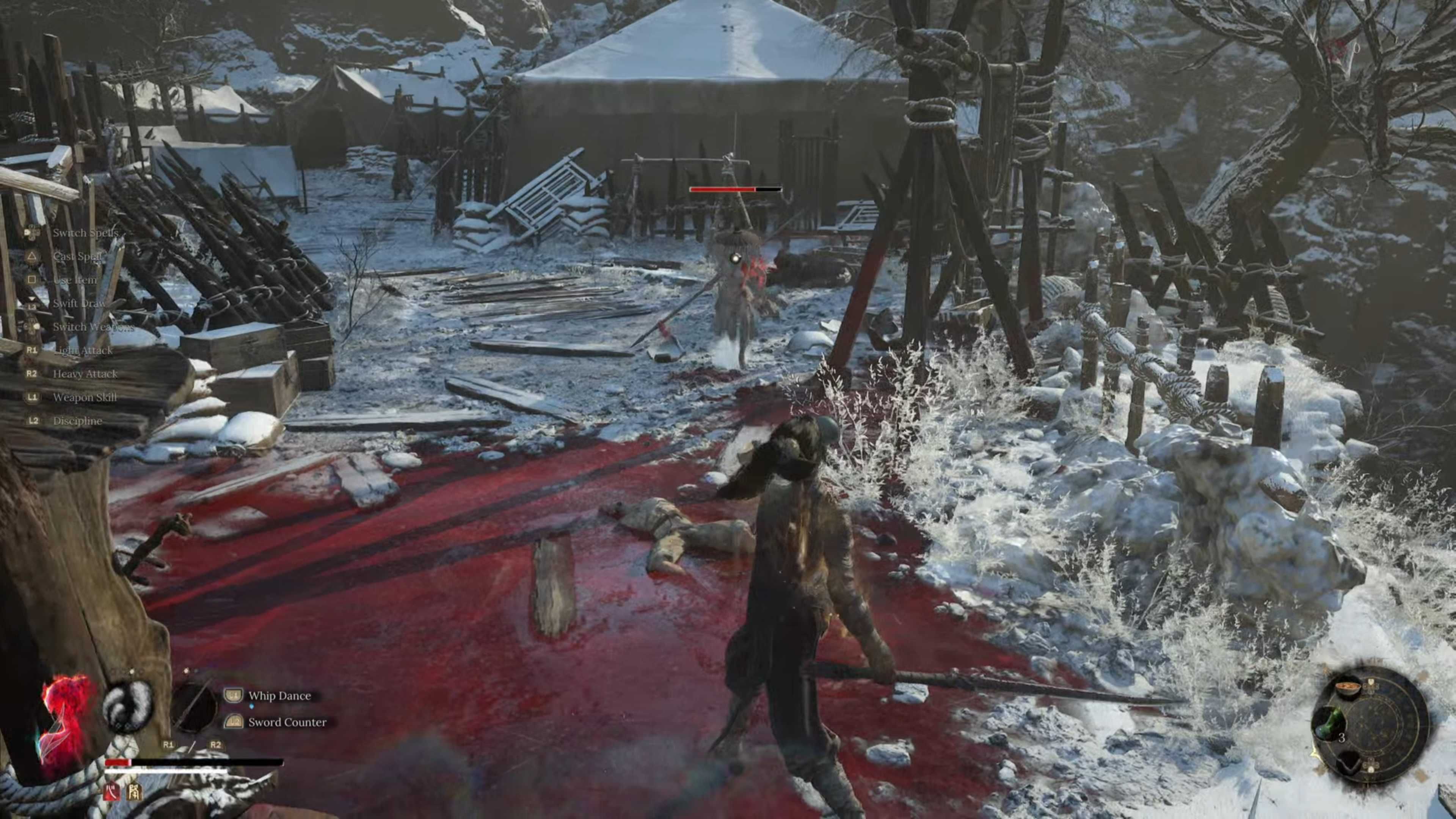 Two women fighting in a snowy camp, one with a sword and one with a spear.