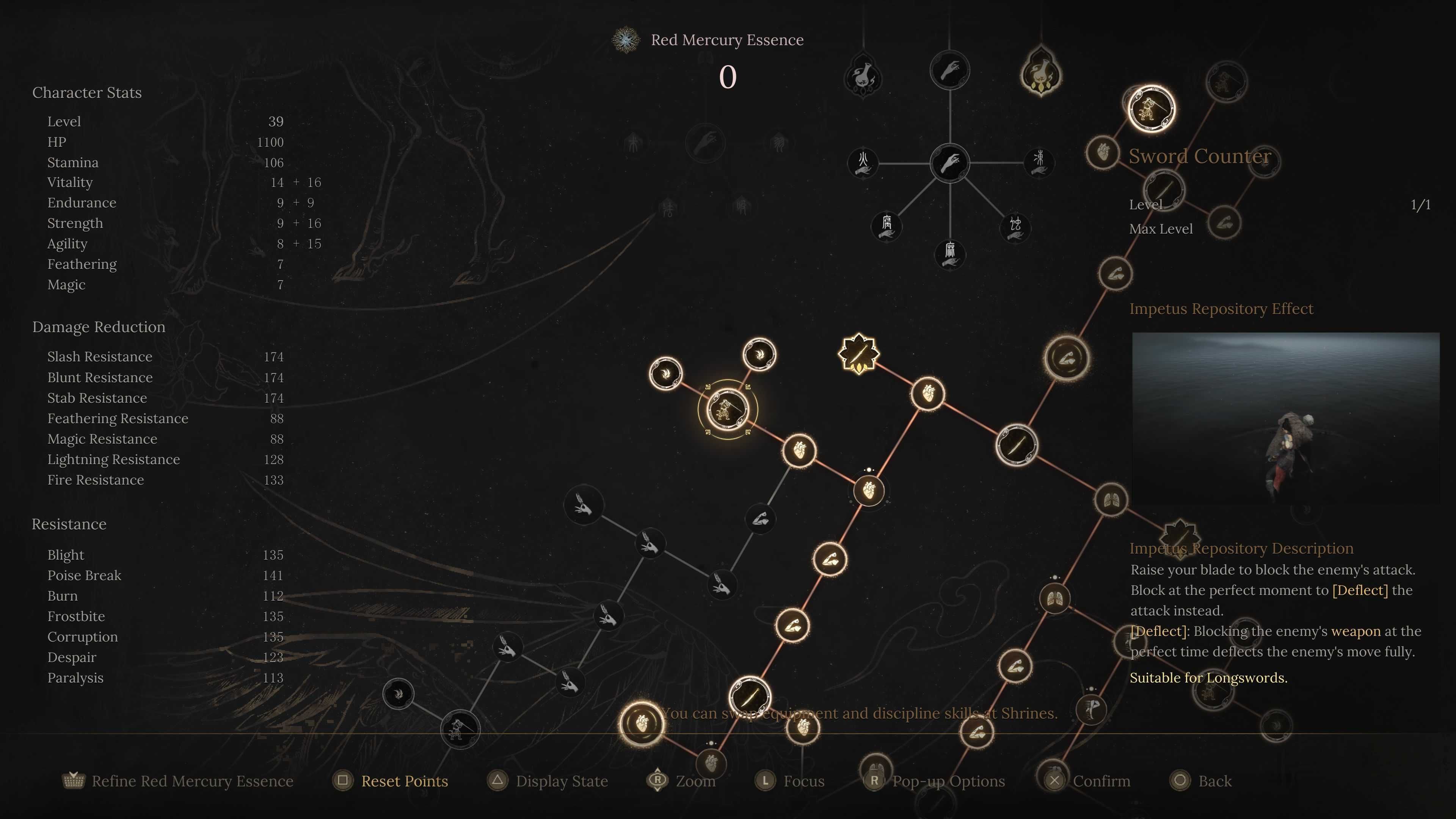 A large skill tree with the Sword Counter ability highlighted.