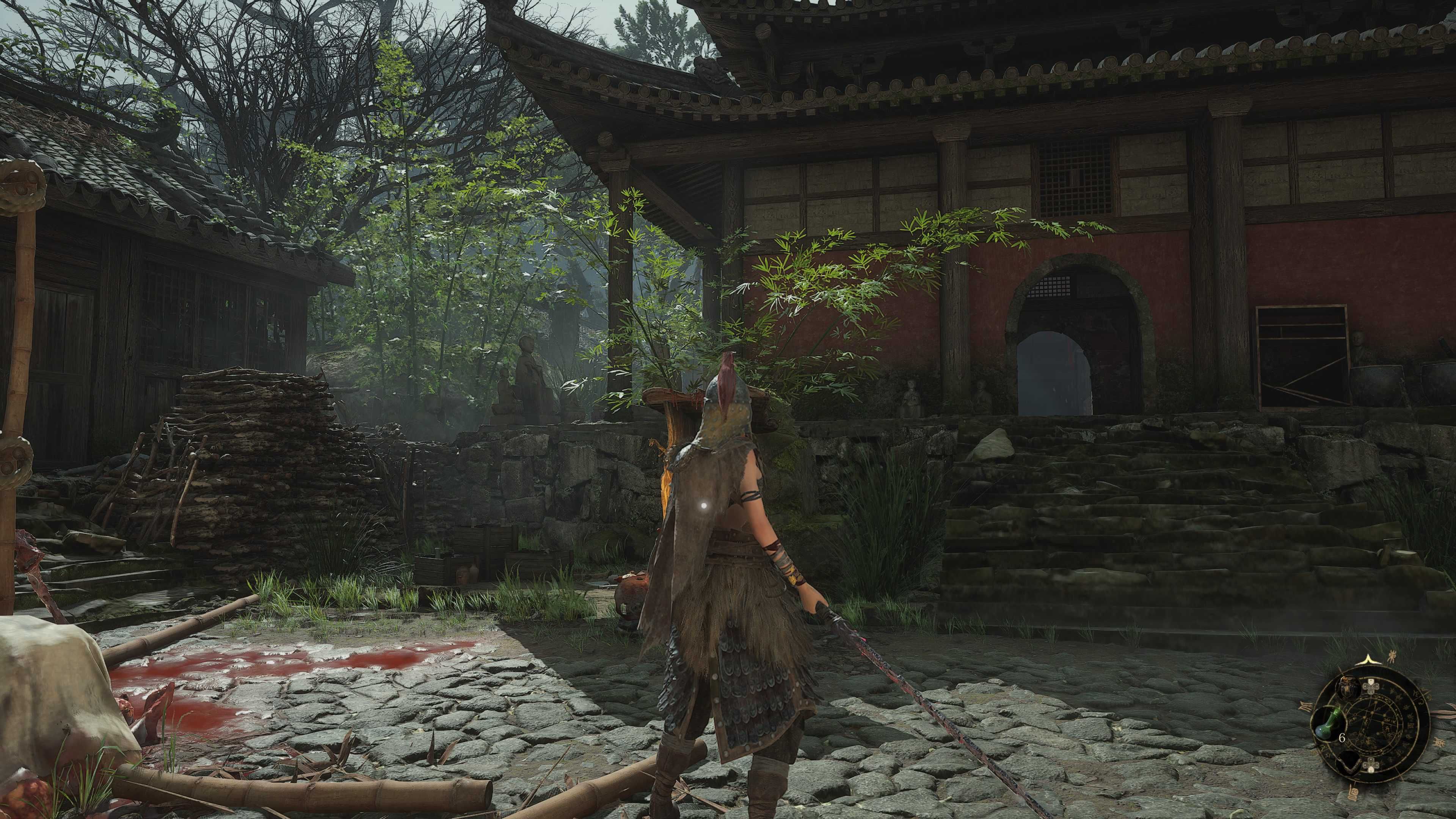 A woman in fur armor stood outside of a temple.