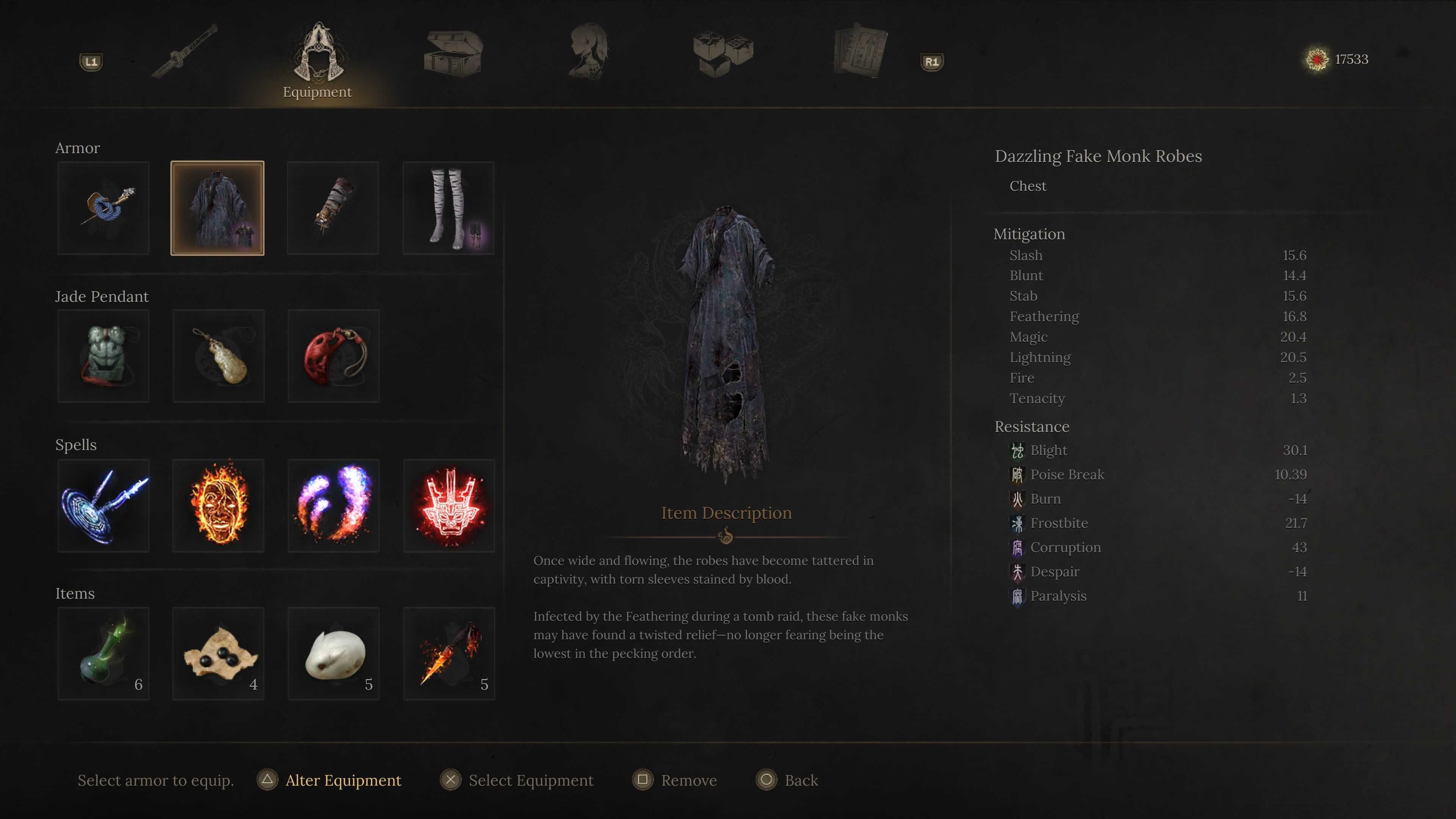 A menu showing a tattered blue robe.