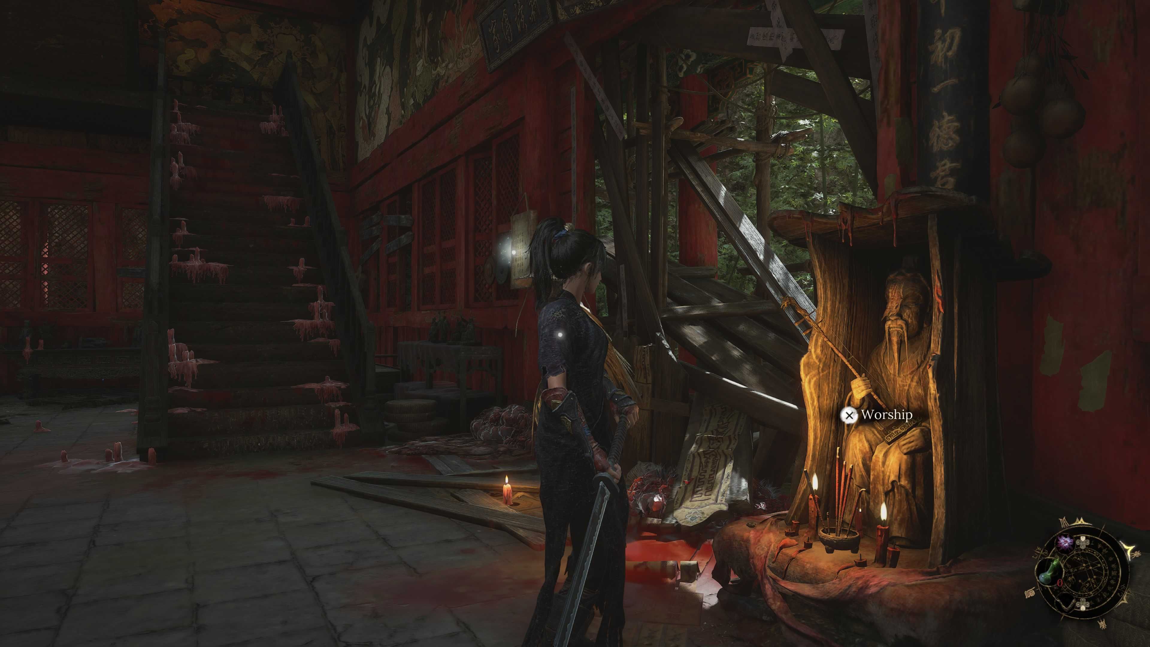 A woman with a sword stood next to a shrine and a staircase.