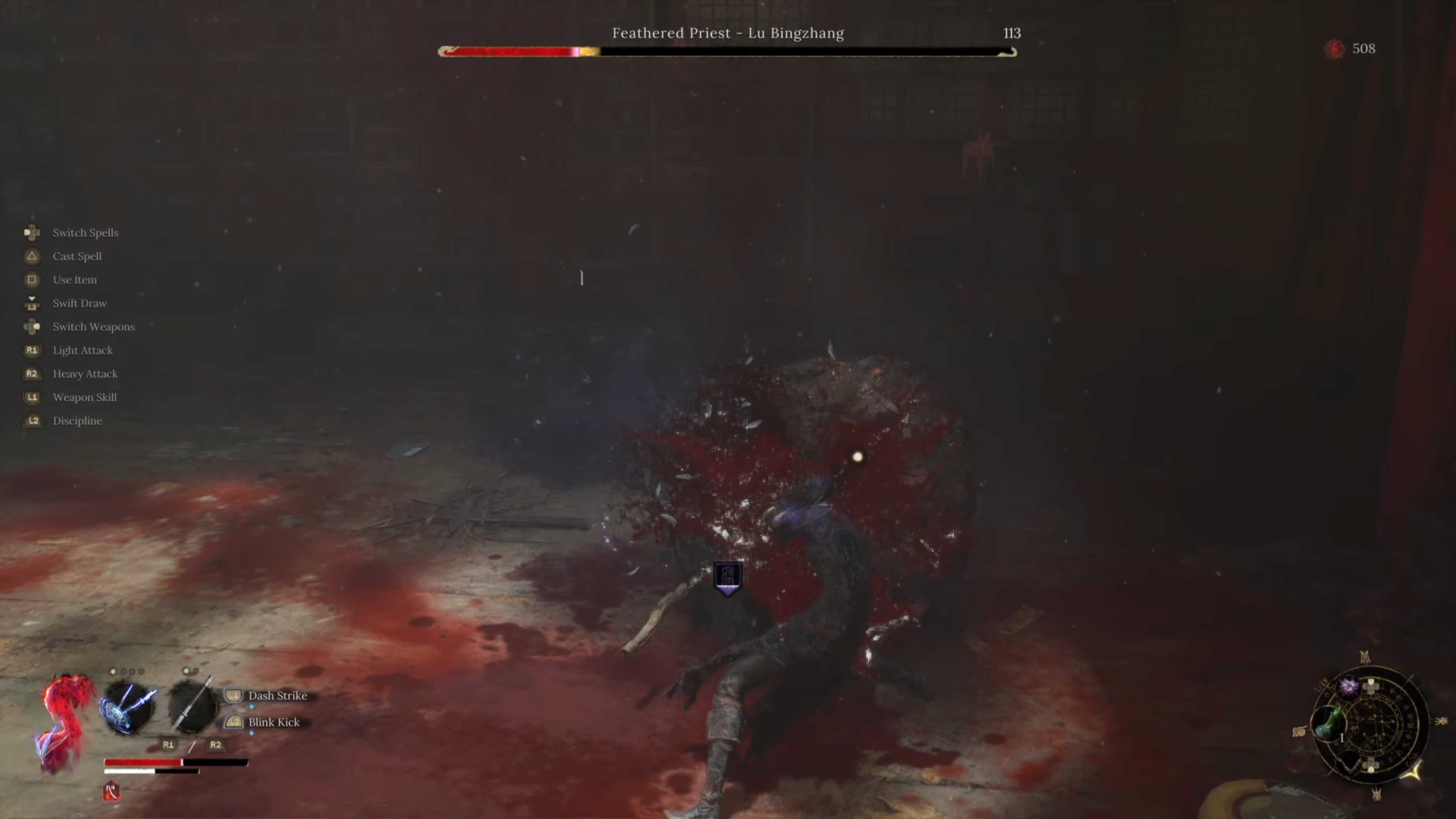 A woman stabbing a round creaure with a sword, with blood gushing everywhere.