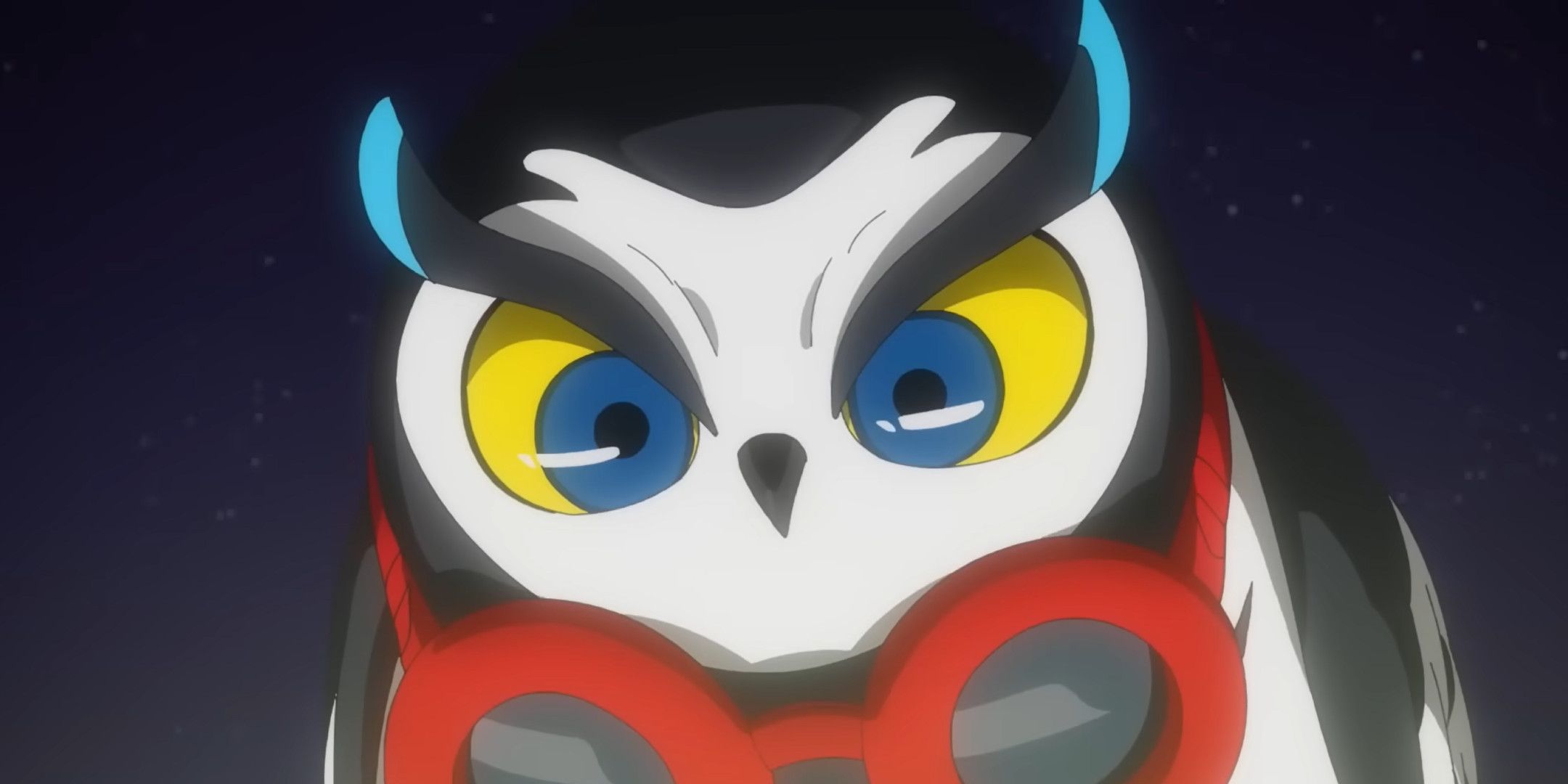 A close up of a black owl with red goggles around its neck.