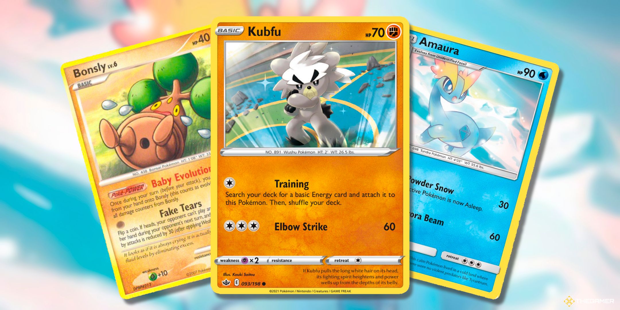 A collection of three cards, Bonsly (Diamond & Pearl, 71), Kubfu (Chilling Reign, 93) and Amaura (Forbidden Light, 27) from the Pokemon TCG.