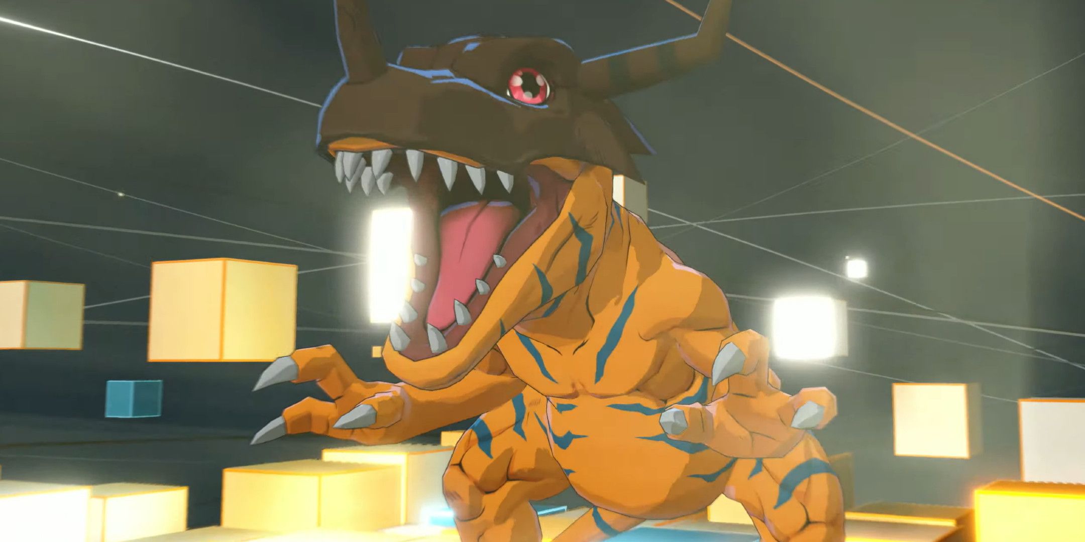 A large dinosaur-like creature roaring.