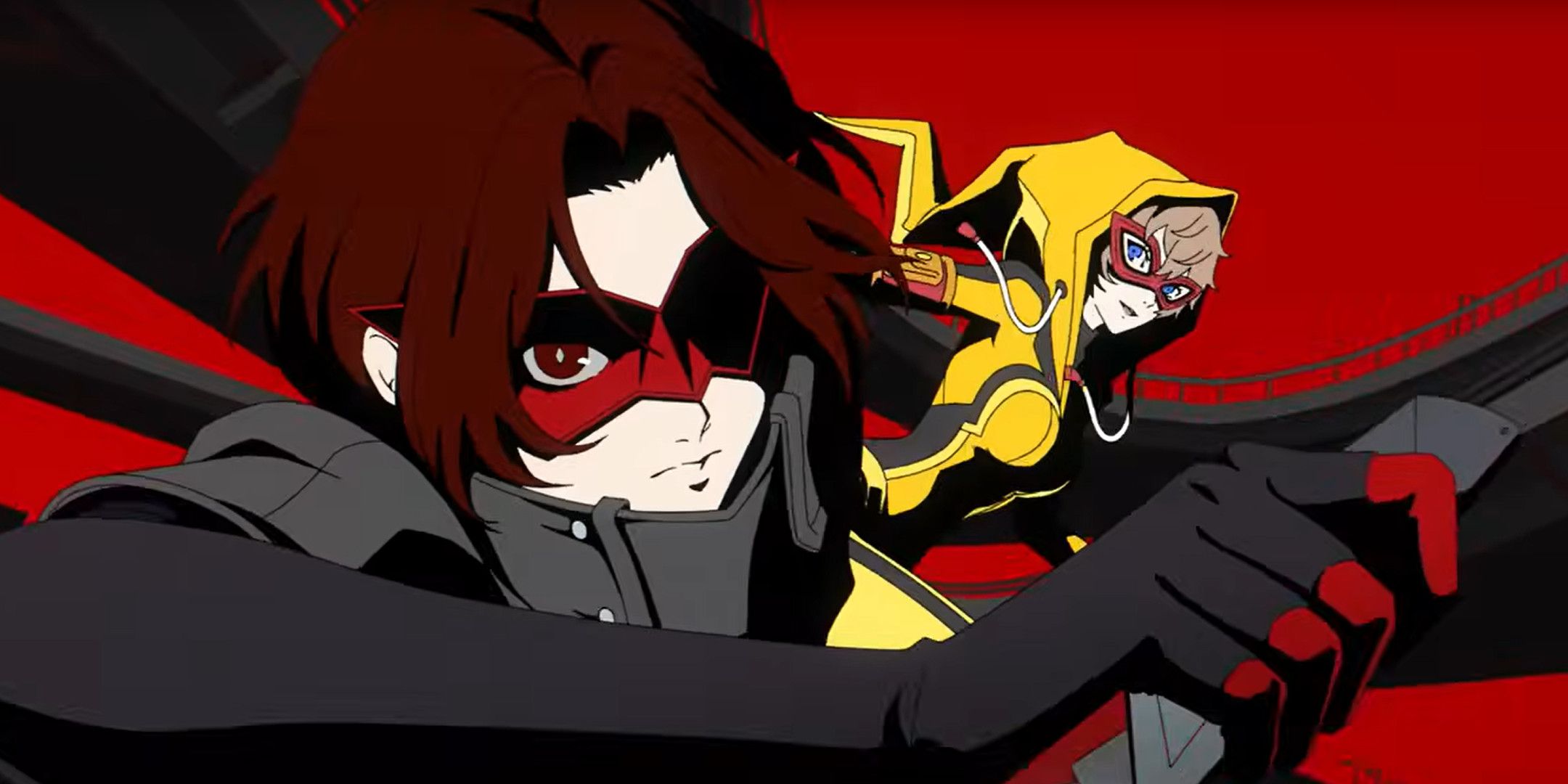 A man in a red mask and a woman in a yellow tracksuit looking at the camera