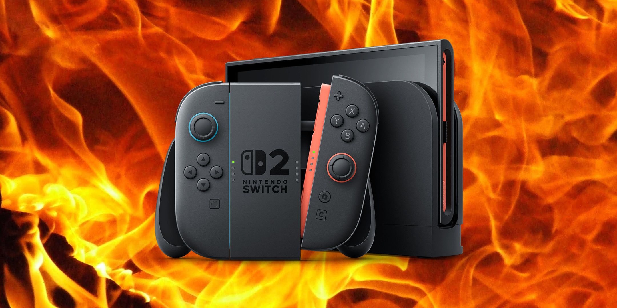 A Nintendo Switch 2 on a background of fire.