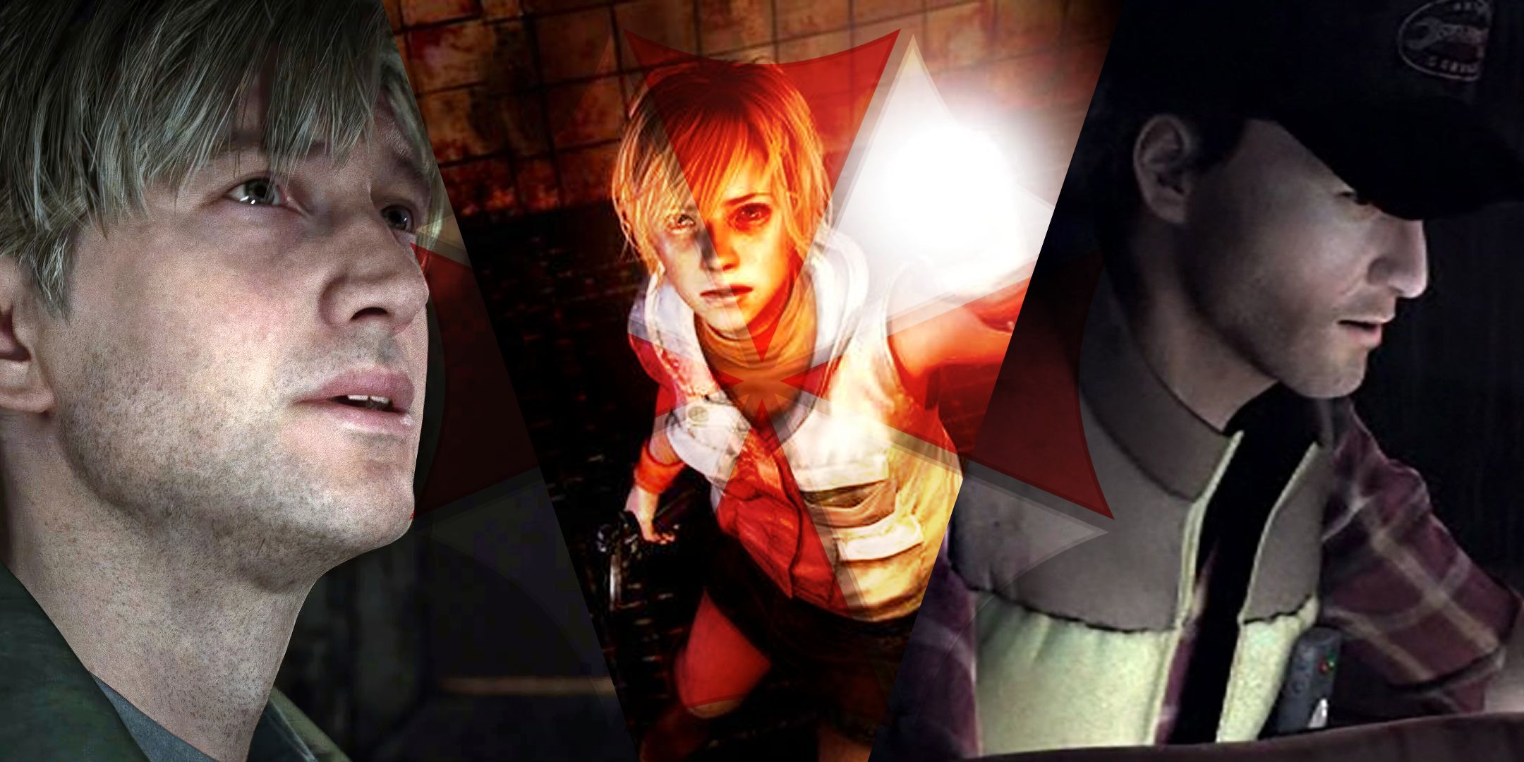 A Split Image Featuring Silent Hill Protagonists And The Umbrella Corp Logo.