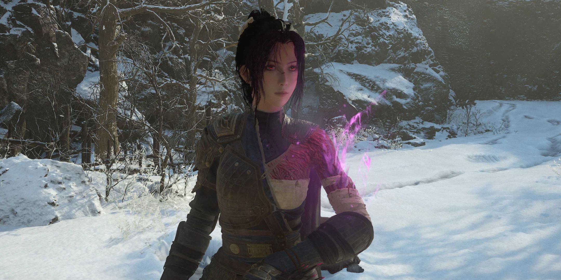 A woman with a glowing left arm and red eyes.