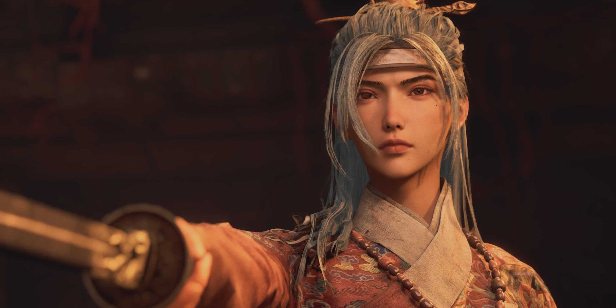 A woman with white hair pointing a katana at someone off camera