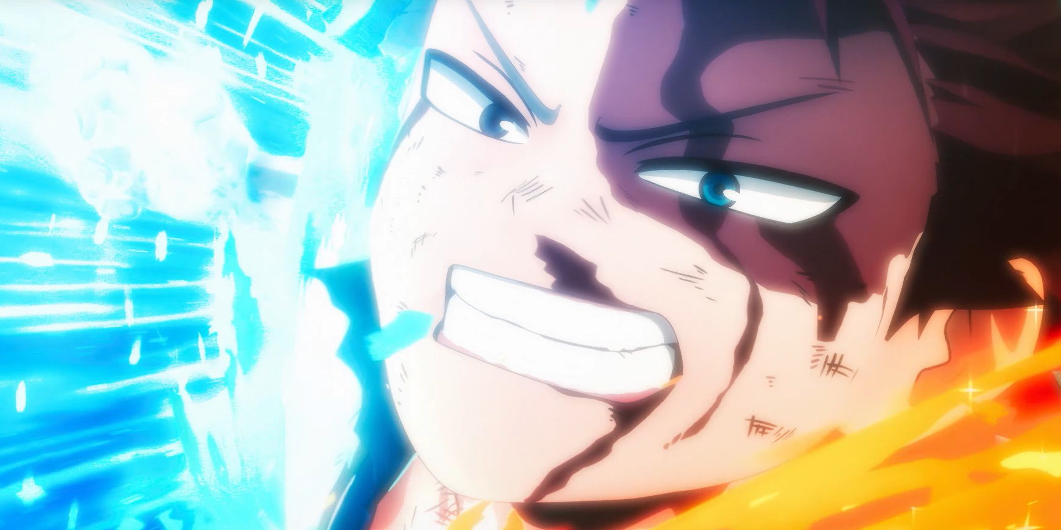 A young man grimacing while attacking with yellow and blue fire.