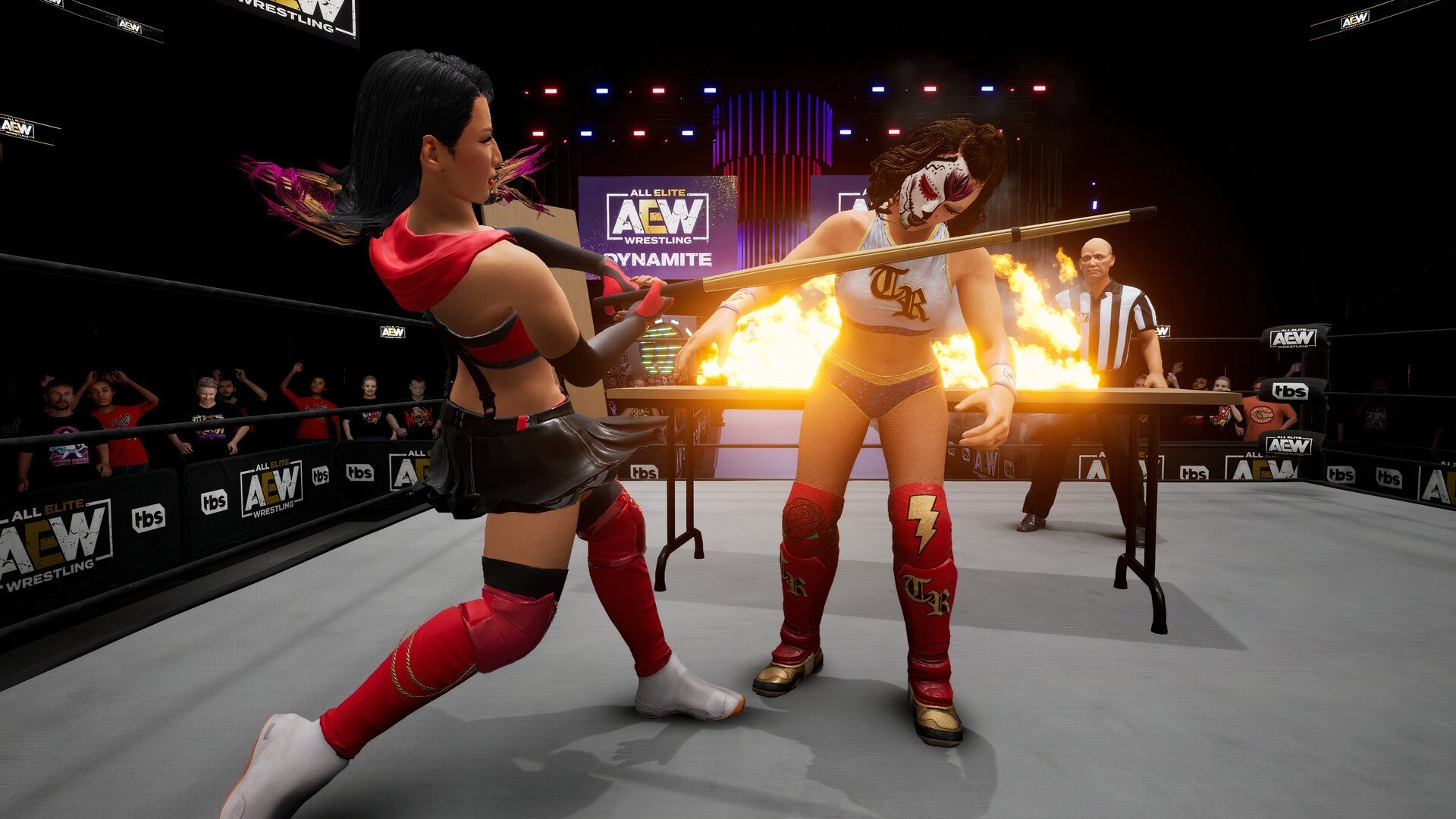 A screenshot of AEW: Fight Forever featuring Thunder Rosa and Hikaru Shida.