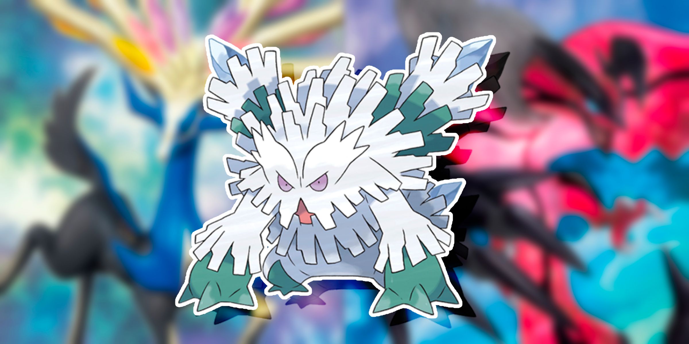 Art of Mega Abomasnow on top of the pack artwork featuring Xerneas and Yveltal from the XY Base Set of the Pokemon TCG.