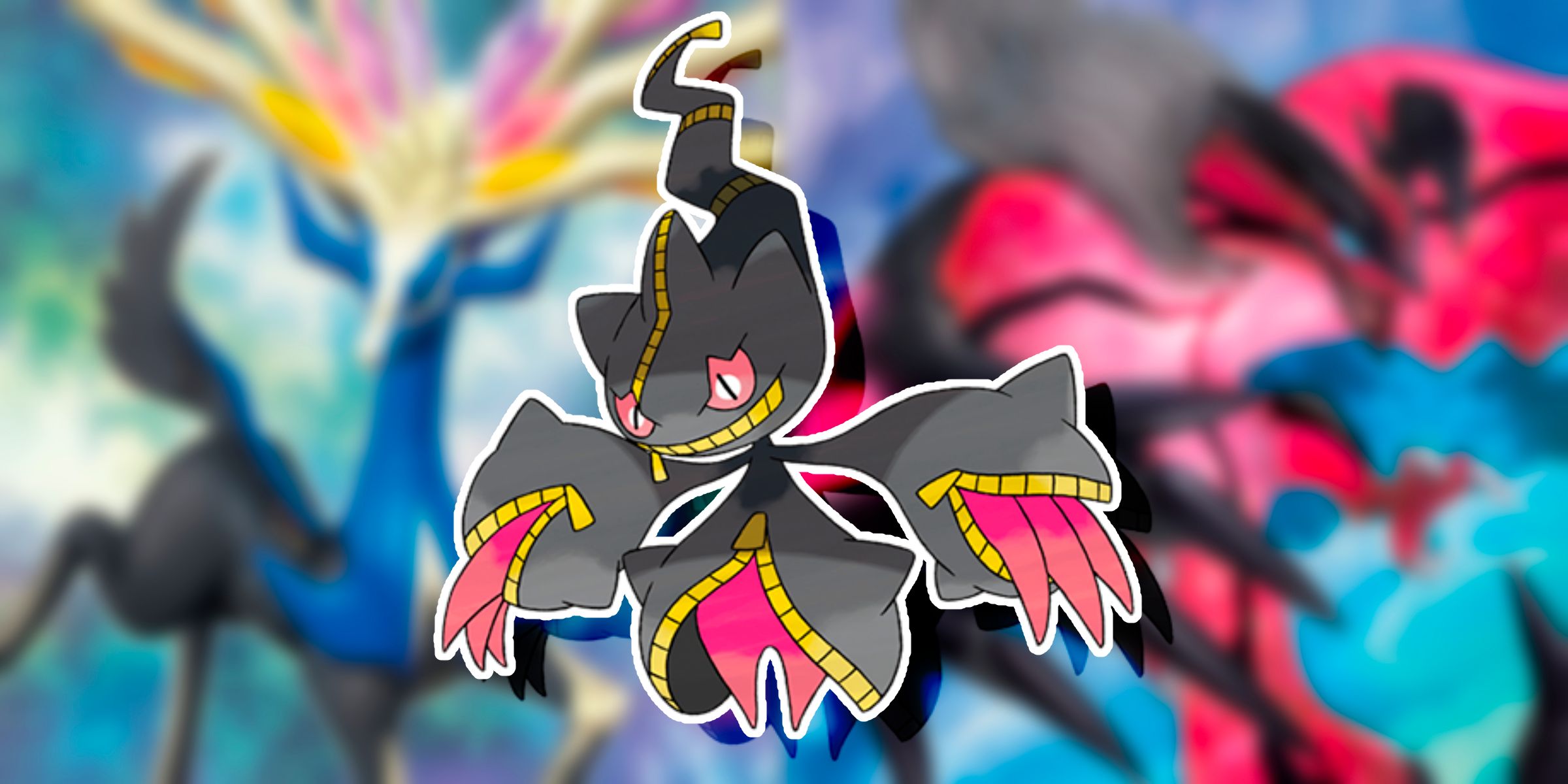 Art of Mega Banette on top of the pack artwork featuring Xerneas and Yveltal from the XY Base Set of the Pokemon TCG.
