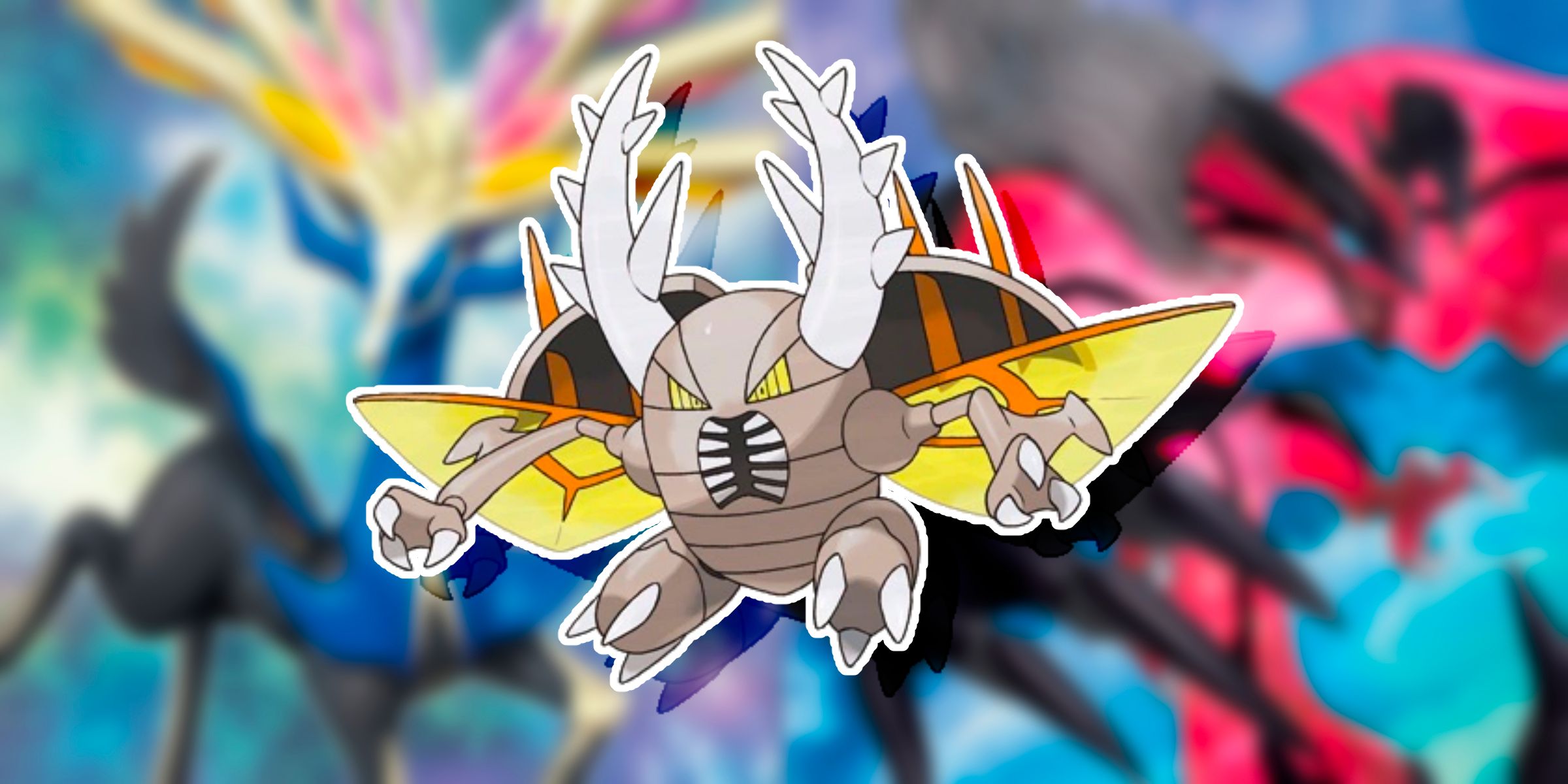 Art of Mega Pinsir on top of the pack artwork featuring Xerneas and Yveltal from the XY Base Set of the Pokemon TCG.