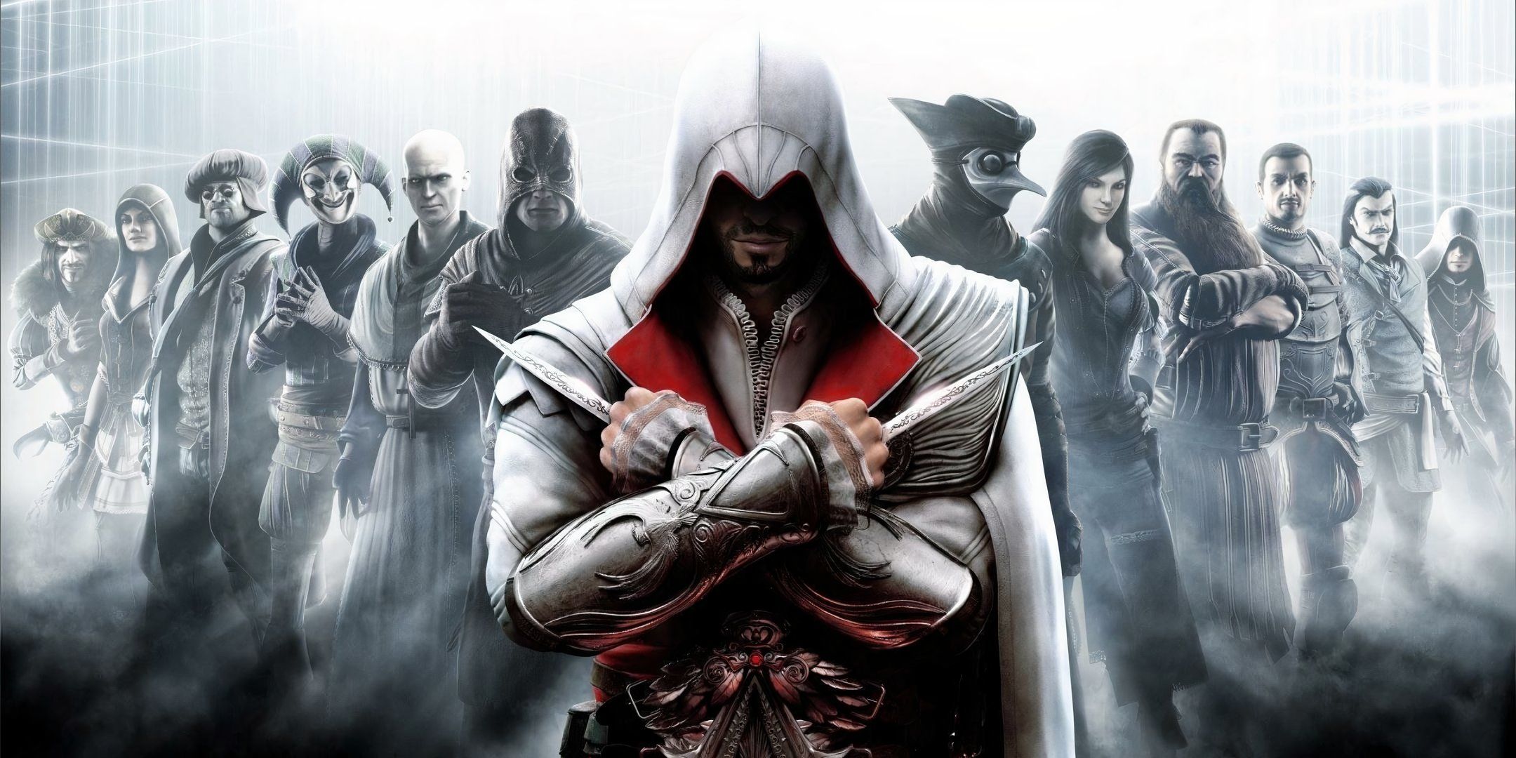 Ezio standing in front of a league of assassins in Assassin's Creed Brotherhood.