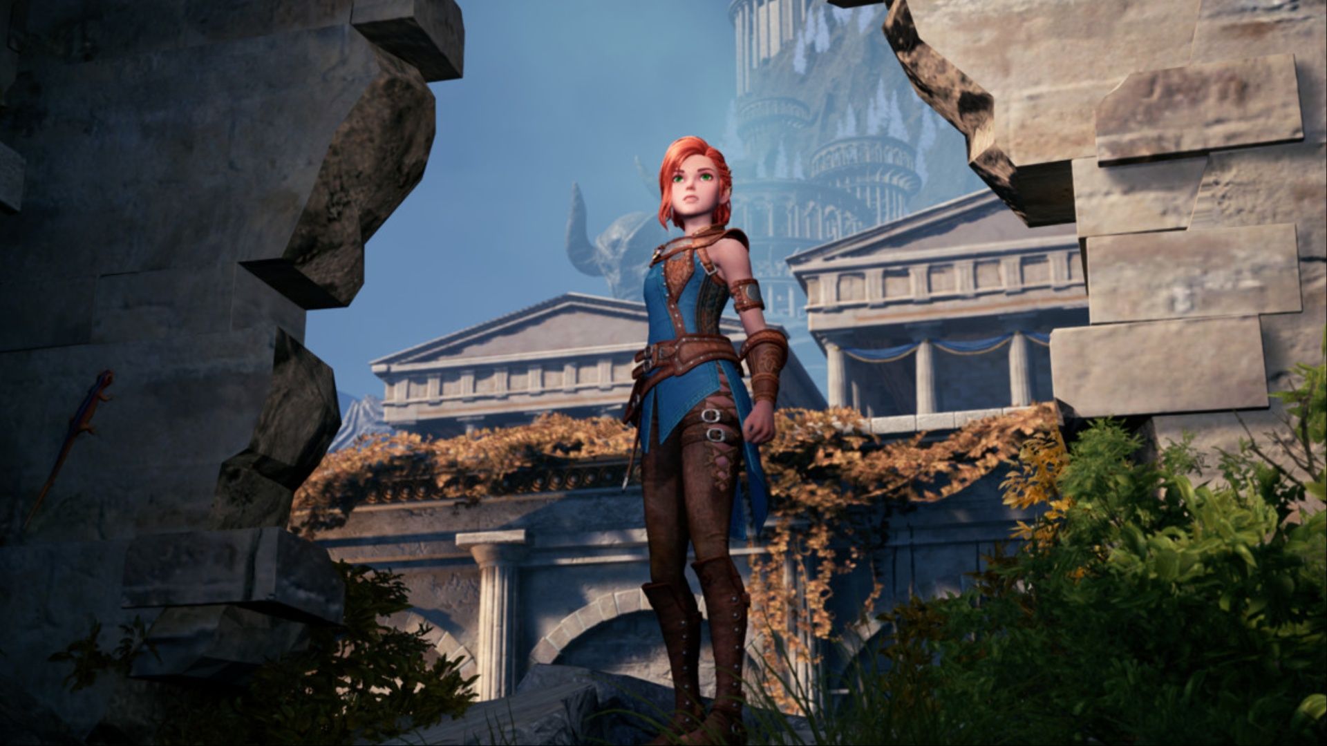 Hilda staring out into the world from a destroyed wall in Asterigos: Curse of the Stars.
