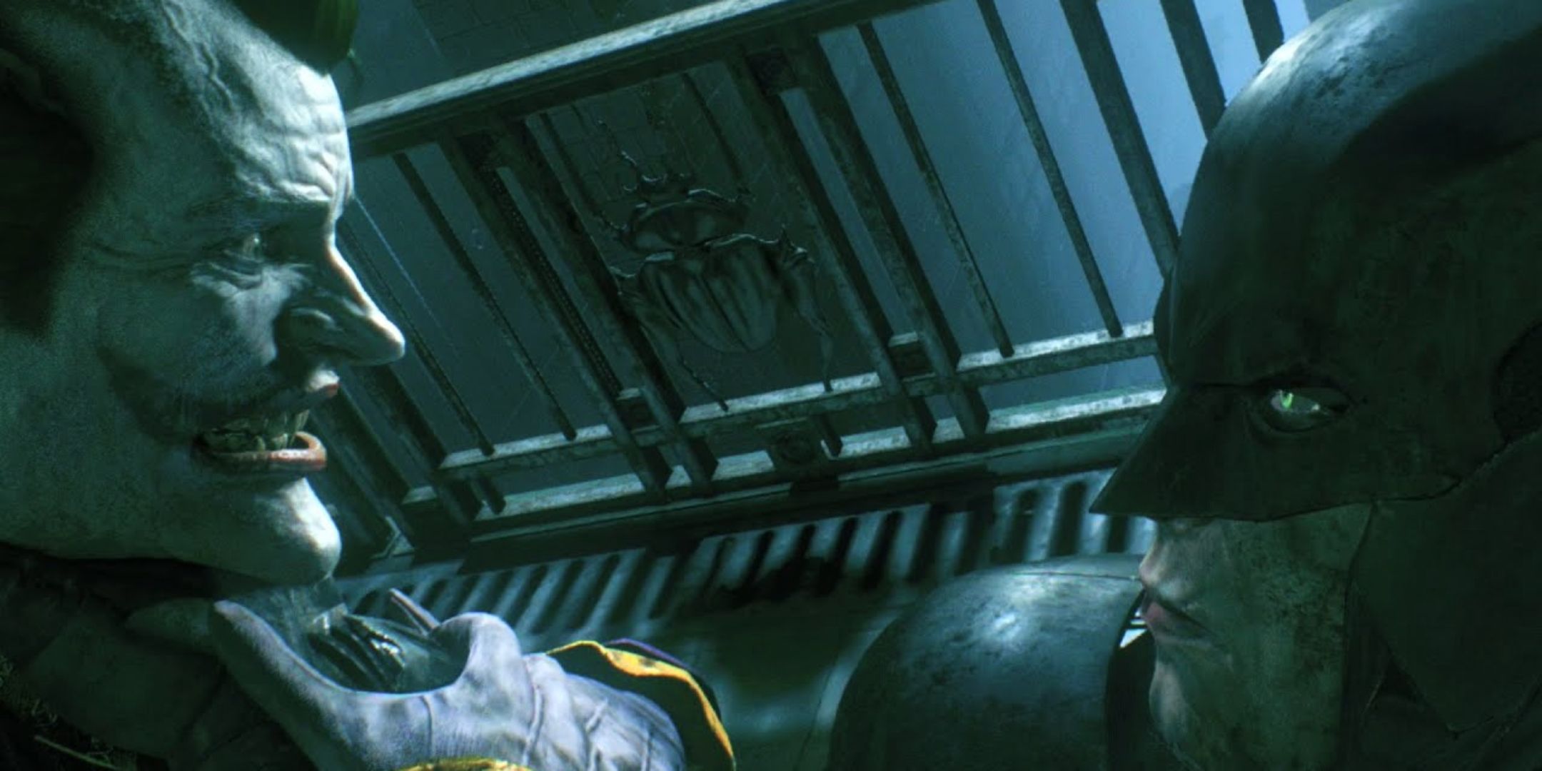 Batman holding Joker by the throat in Batman Arkham Knight.