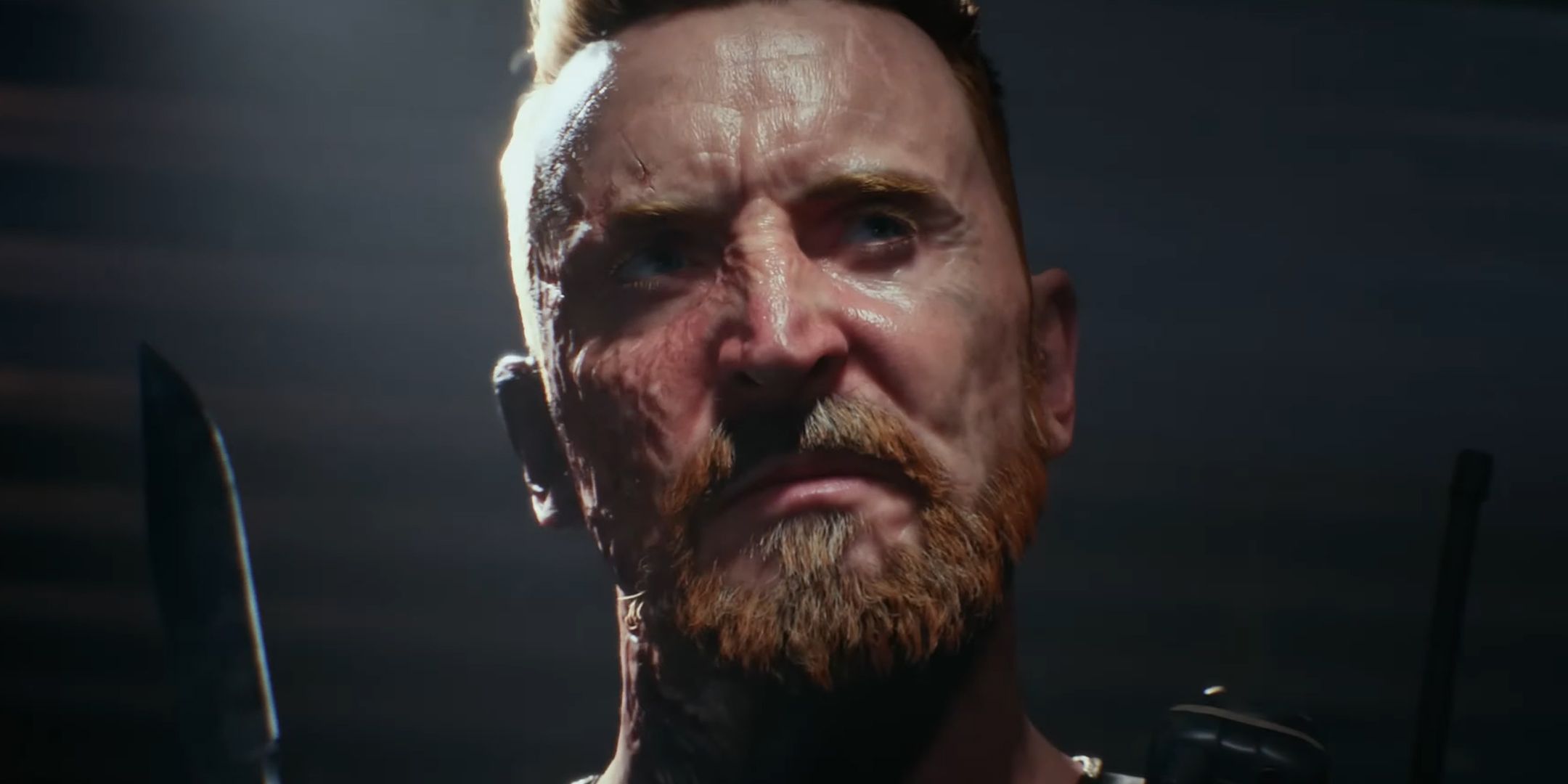 Battlefield 6 soldier with a burned face holding a knife.