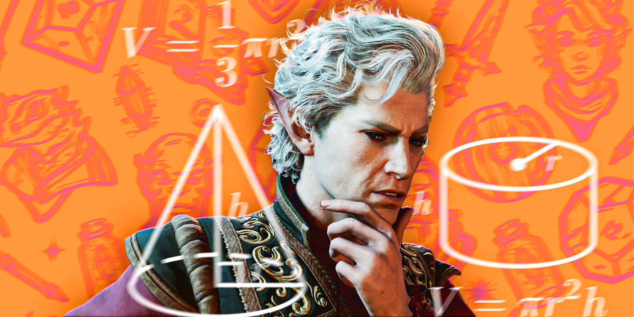 Astarion from Baldur's Gate 3 looking confused with an orange background and formulas floating around him.