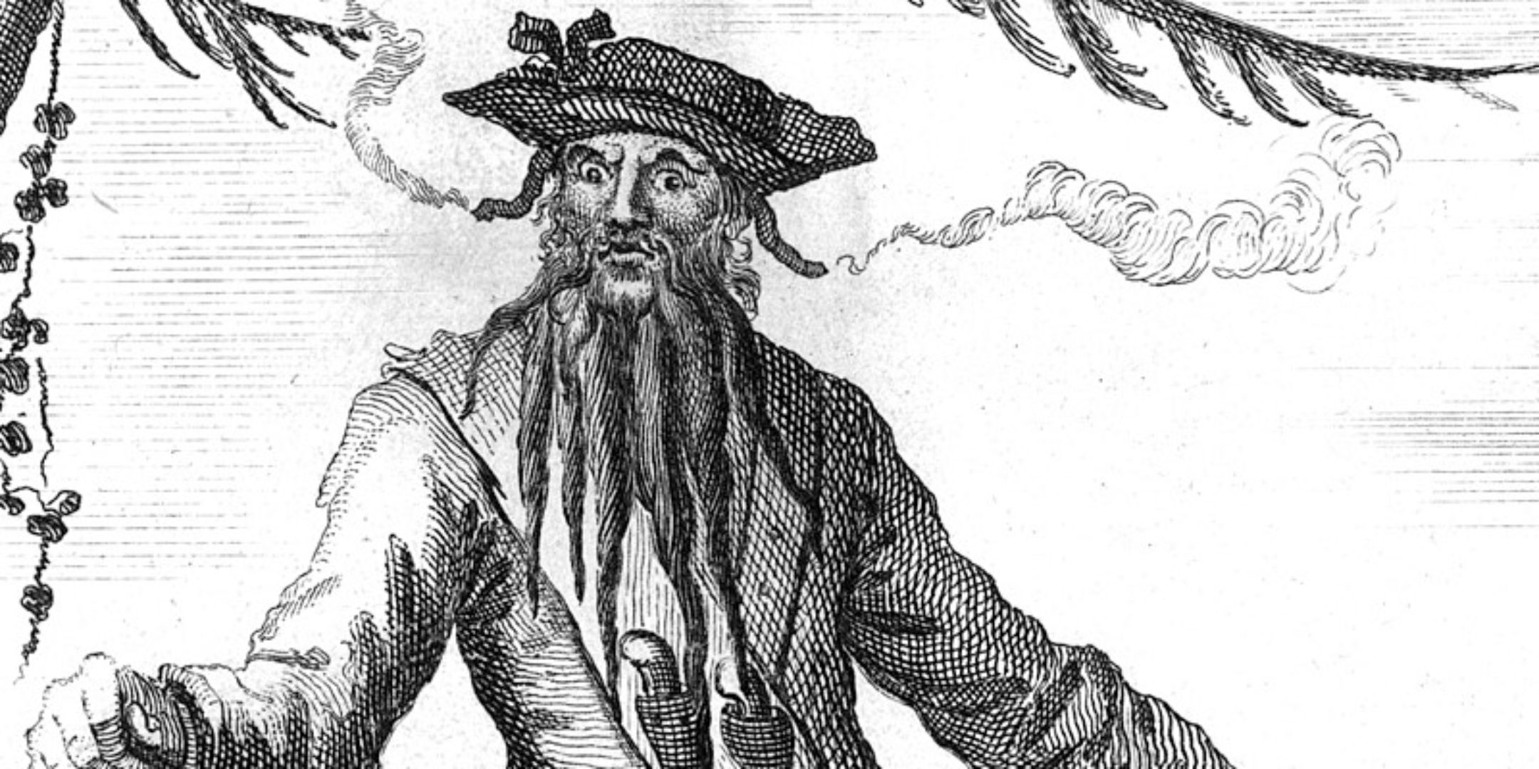 a cropped image of blackbeard the pirate from an 18th-century text.