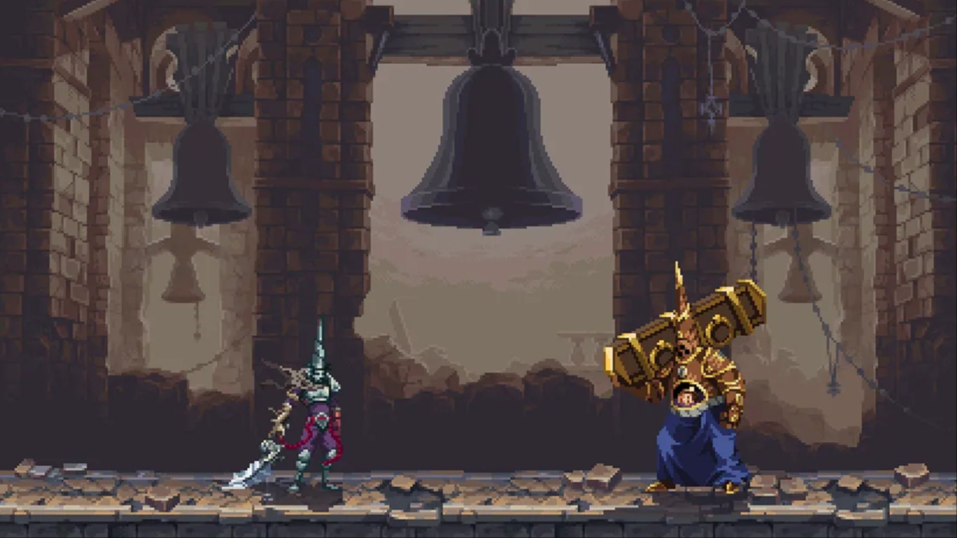 The Penitent One squaring off against Lesmes, Incorrupt Sacristan, in Blasphemous 2.