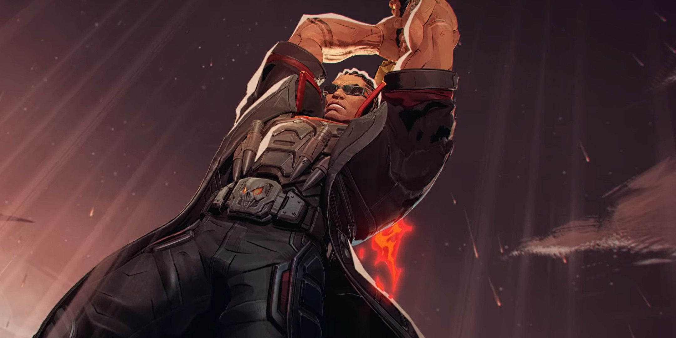 Blde raising his sword over his head.
