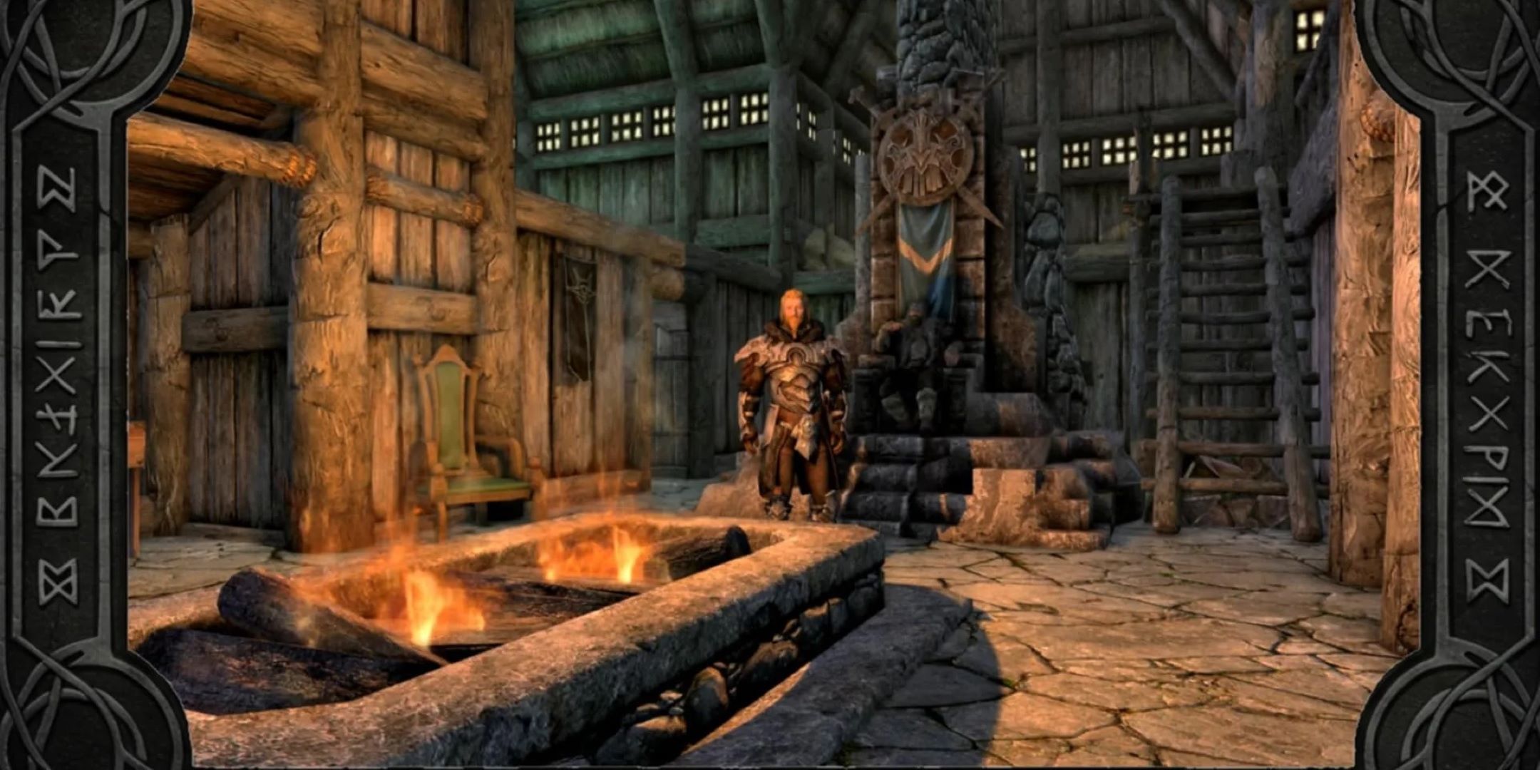 Skyrim Nord in Nordic Armor standing in a pub.